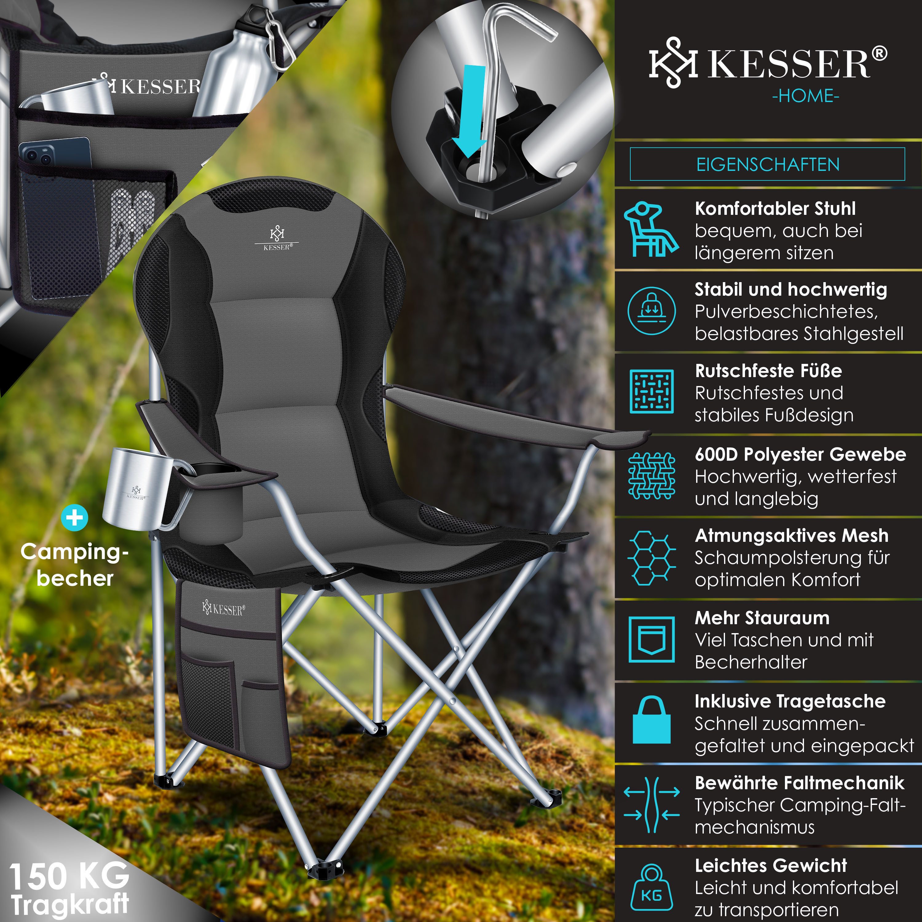 KESSER Campingstuhl, faltbarer Klappstuhl bis150kg belastbar Angelstuhl Faltstuhl
