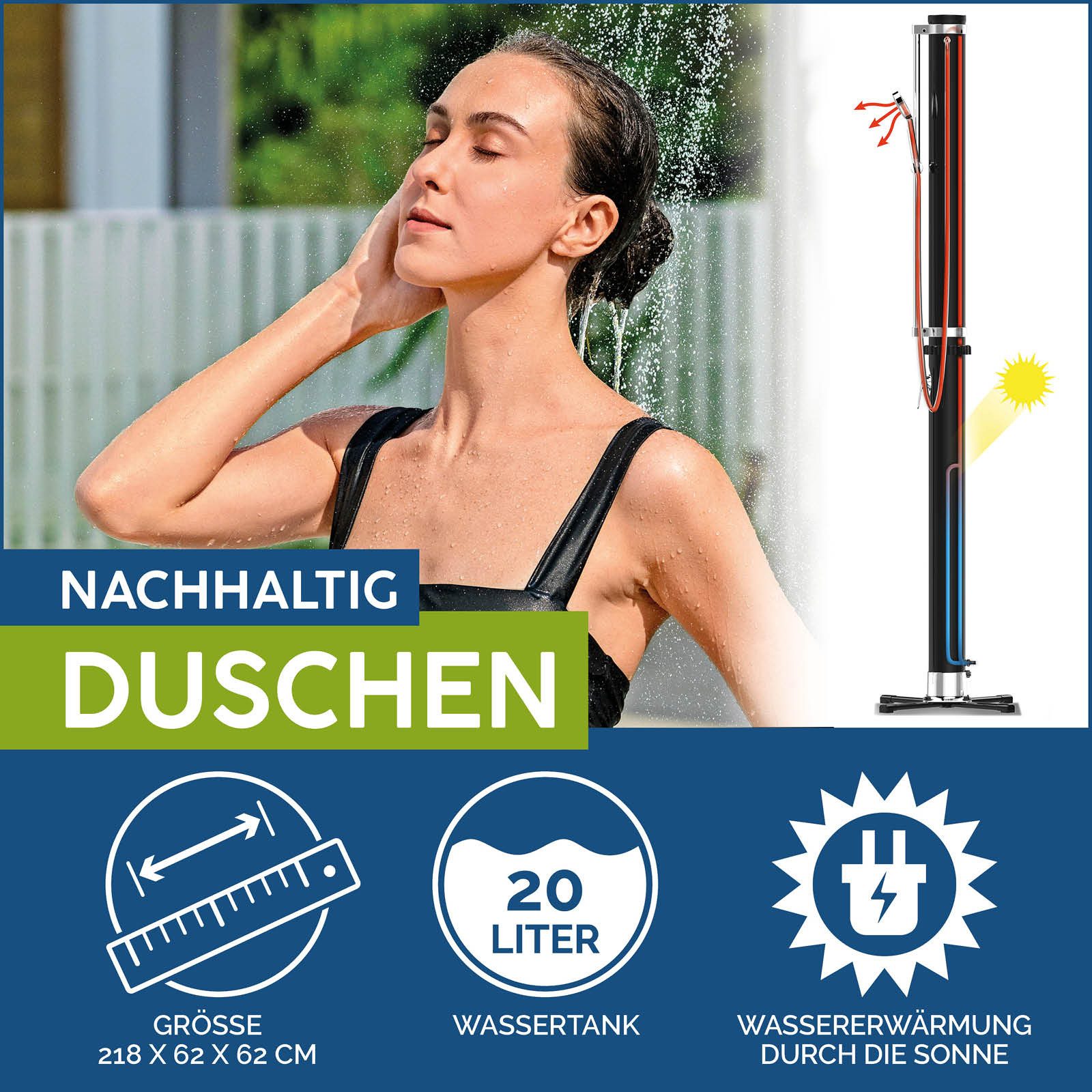 BESTWAY Gartendusche Bestway SolarFlow Außendusche 20 L – Solardusche für Pool & Garten (1 St), Solar-Wassererwärmung,Gartenschlauchanschluss,Mehrere Strahlarten