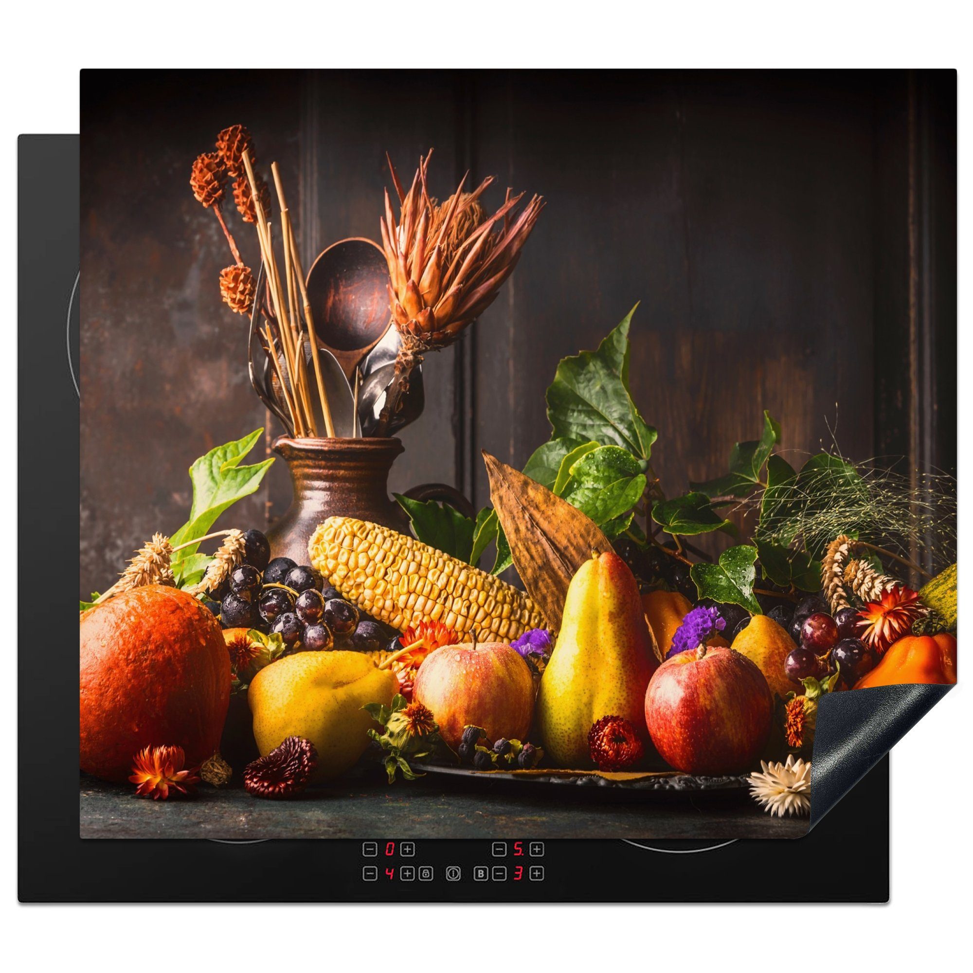 MuchoWow Herd-Abdeckplatte Gemüse - Obst - Rustikal - Tisch, Vinyl, (1 tlg), Cerankochfeld Abdeckung, Herd Abdeckplatten Vinyl, 58.3x51.3 cm