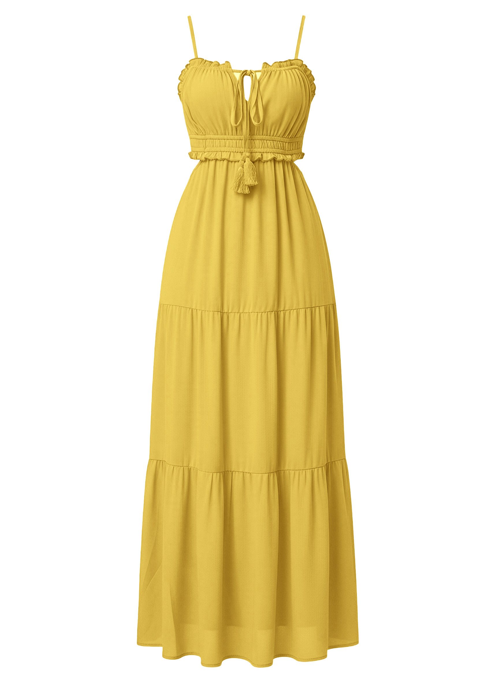 Maxikleid Damen Strand mit Rüschen Bänder ärmellos Boho Sommer Urlaub