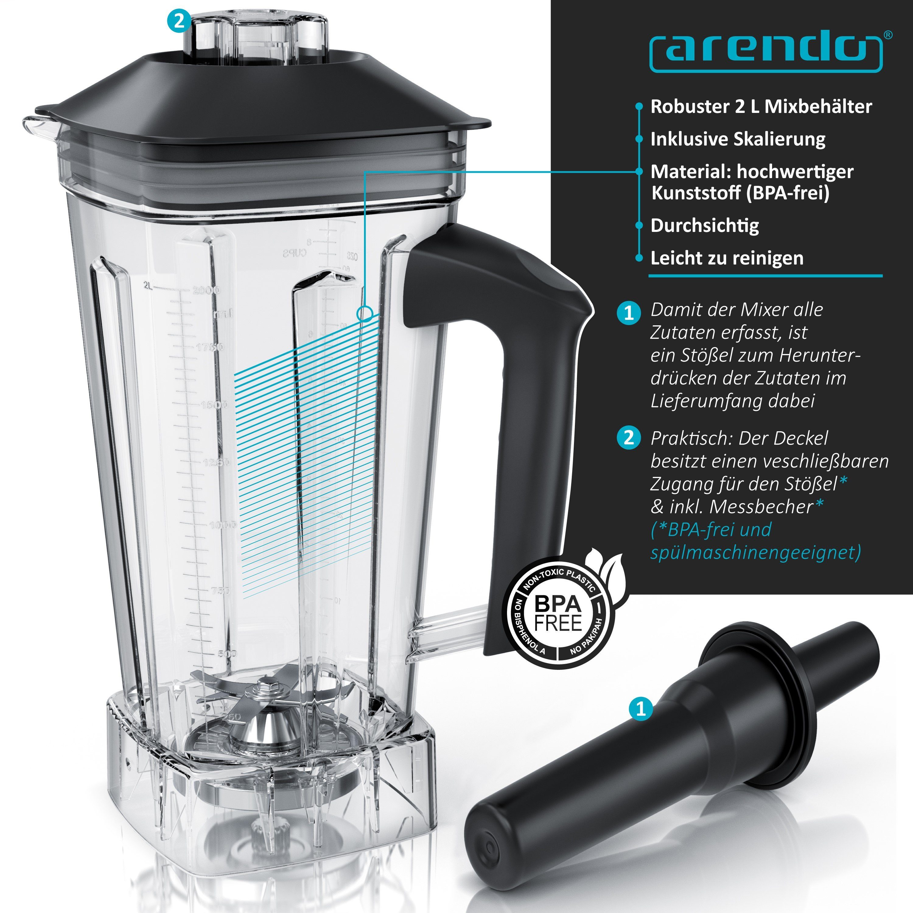 Arendo Standmixer Hochleitungsmixer 2000 W mit Touchpanel, max. 24.000 U/min, 2000 W, Mixer mit Pulsfunktion, 5 Programme, Timer, Mixer mit Display