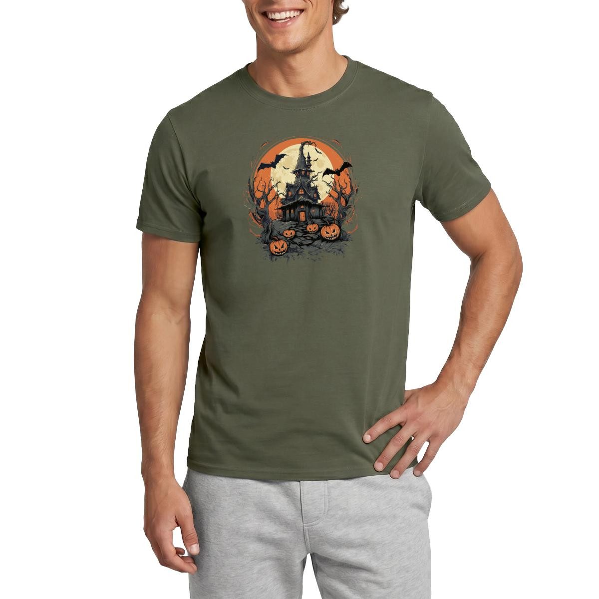 T-Shirt Halloween Spukhaus Mit Kürbissen Und Vollmond Männer T-Shirt