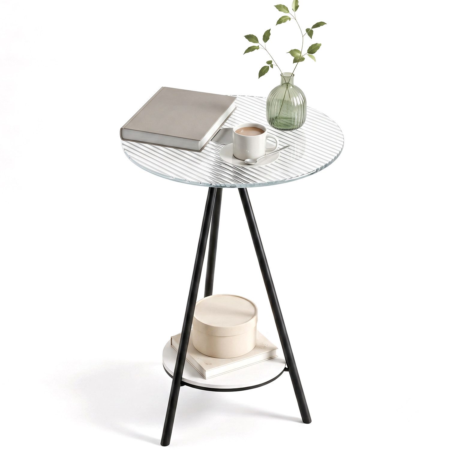 SURFOU Beistelltisch mit 2 Ebenen runder Ø40 cm aus Glas und Metall Couchtisch (für kleines Wohnzimmer, Schlafzimmer, Büro), Sofatisch Nachttisch Akzenttisch mit 2 Ablageflächen Schreibtisch