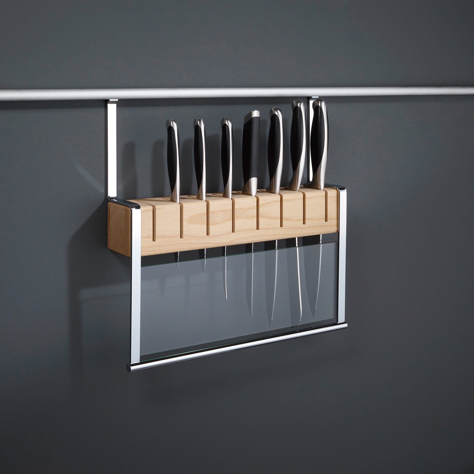 SO-TECH® Küchenrückwand Kesseböhmer Linero 2000 Küchenreling Zubehör, Messerhalter mit Holzblock