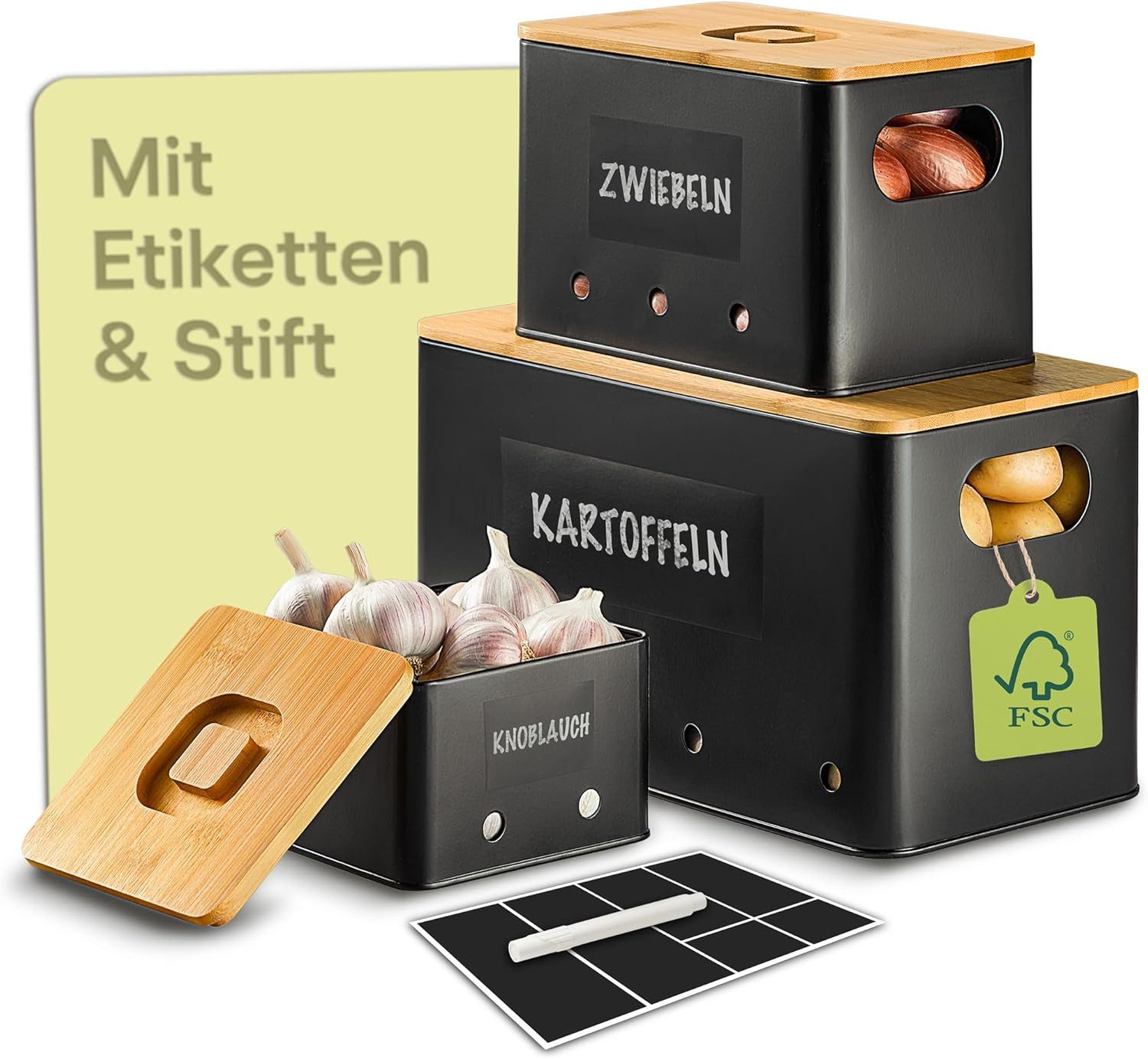 Praknu Vorratsdose Kartoffel Aufbewahrungsbox 3er Set - Mit Belüftung für längere Frische, Eisen, FSC® Bambus, (Aufbewahrungsbox-Set, 7-tlg., 3 Boxen inkl. Zubehör), Stapelbar, Nachhaltig, Mit FSC® Bambusdeckel, Mit Etiketten & Stift