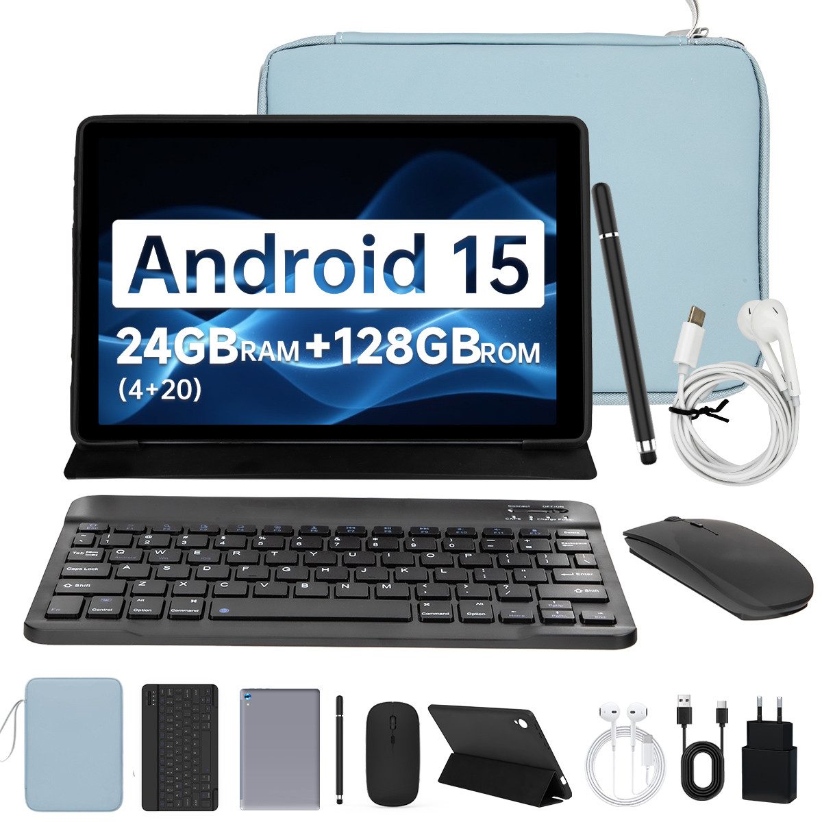 BUFO 10.1 Zoll Android 15, 24(4+20)GB+128GB, 1280x800 HD, incl. Hülle Set Tablet (10", 128 GB, Android, Octa core mit Tastatur, Stift, Maus, Hülle, Kopfhörer, WiFi 6 BT 5)