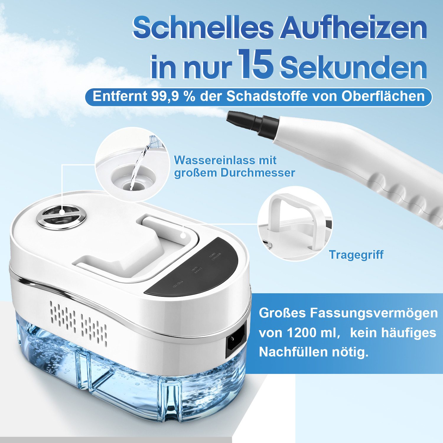 CkeyiN Pro Dampfreiniger Handdampfreiniger,1200 ml Tank,Küchenreiniger,Tragbarer Reiniger, 1500 W, mit 8 Aufsätzen,für Boden, Küche, Fenstern,Badezimmern, Autos