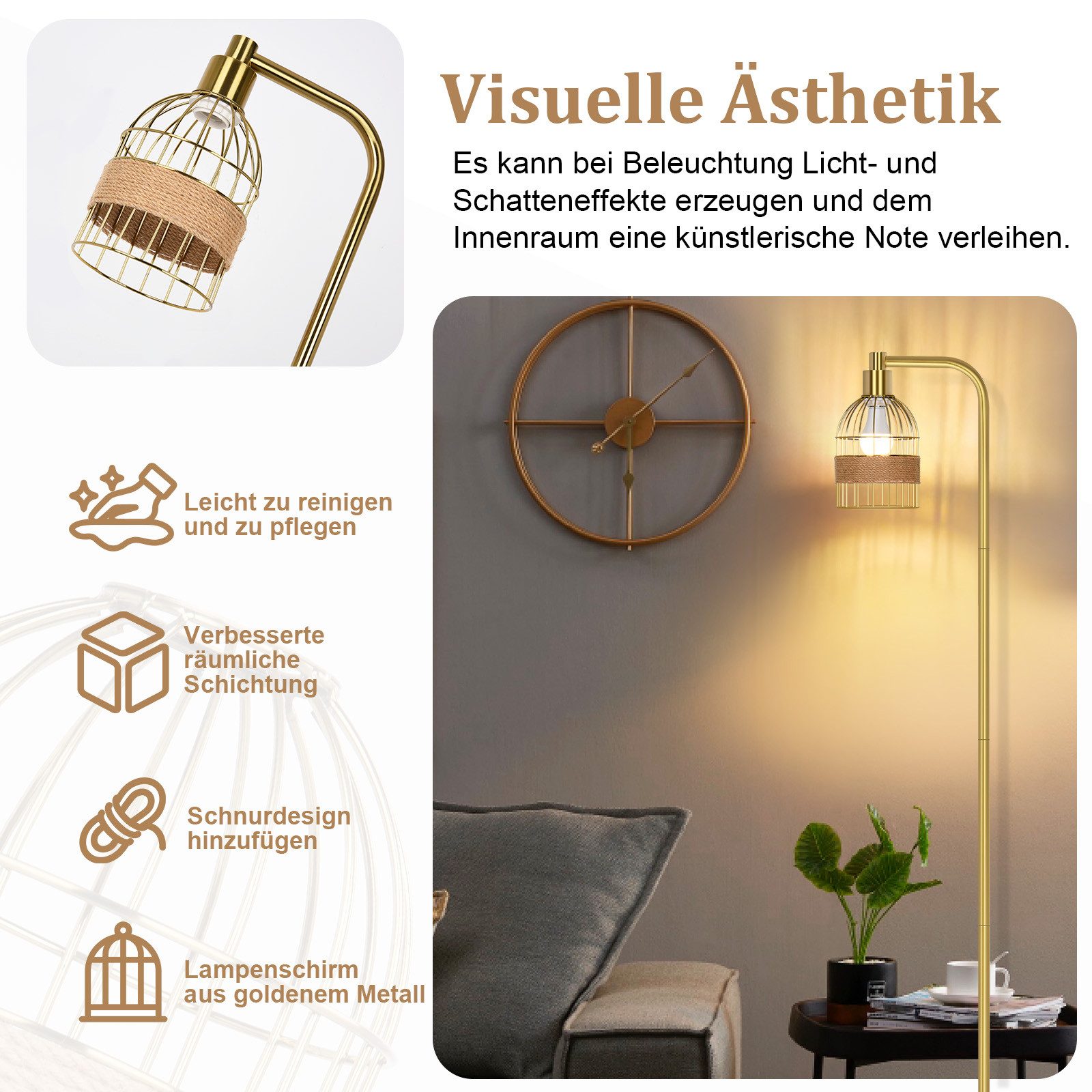 MUPOO Stehlampe Gold Stehlampe Wohnzimmer Dimmbar,mit Glühbirne & Fernbedienung, 10 Stufen dimmbar, LED wechselbar, Fußschalter,mit E27 Glühbirne 6w,für Schlafzimmer Wohnzimmer Büro