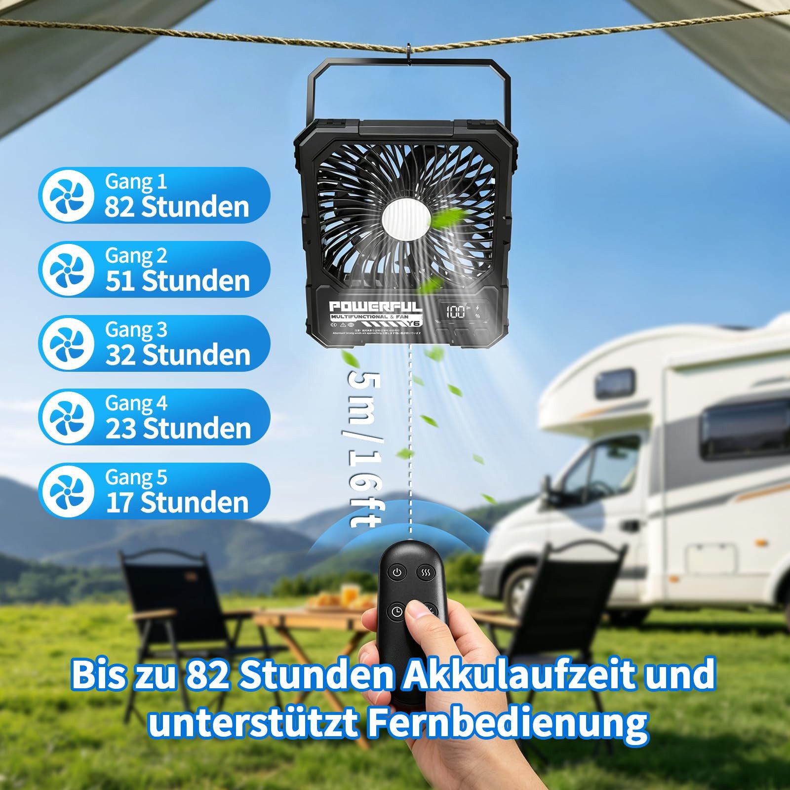 AIBISTAR Tischventilator Tragbarer Camping Ventilator 20000mAh,mit LED/Powerbank/Timer, Zelt Ventilator mit 5 Stufen,Fernbedienung,3-stufige LED,Metallhaken