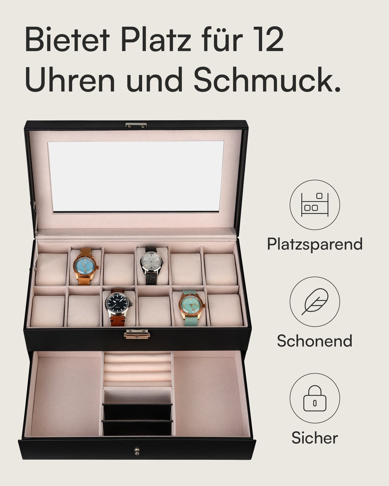 shelfmade Uhrenbox Uhren Aufbewahrung Uhrenbox Uhrenkoffer Uhrenkasten "Zürich", schwarz – Bild 3 von 5