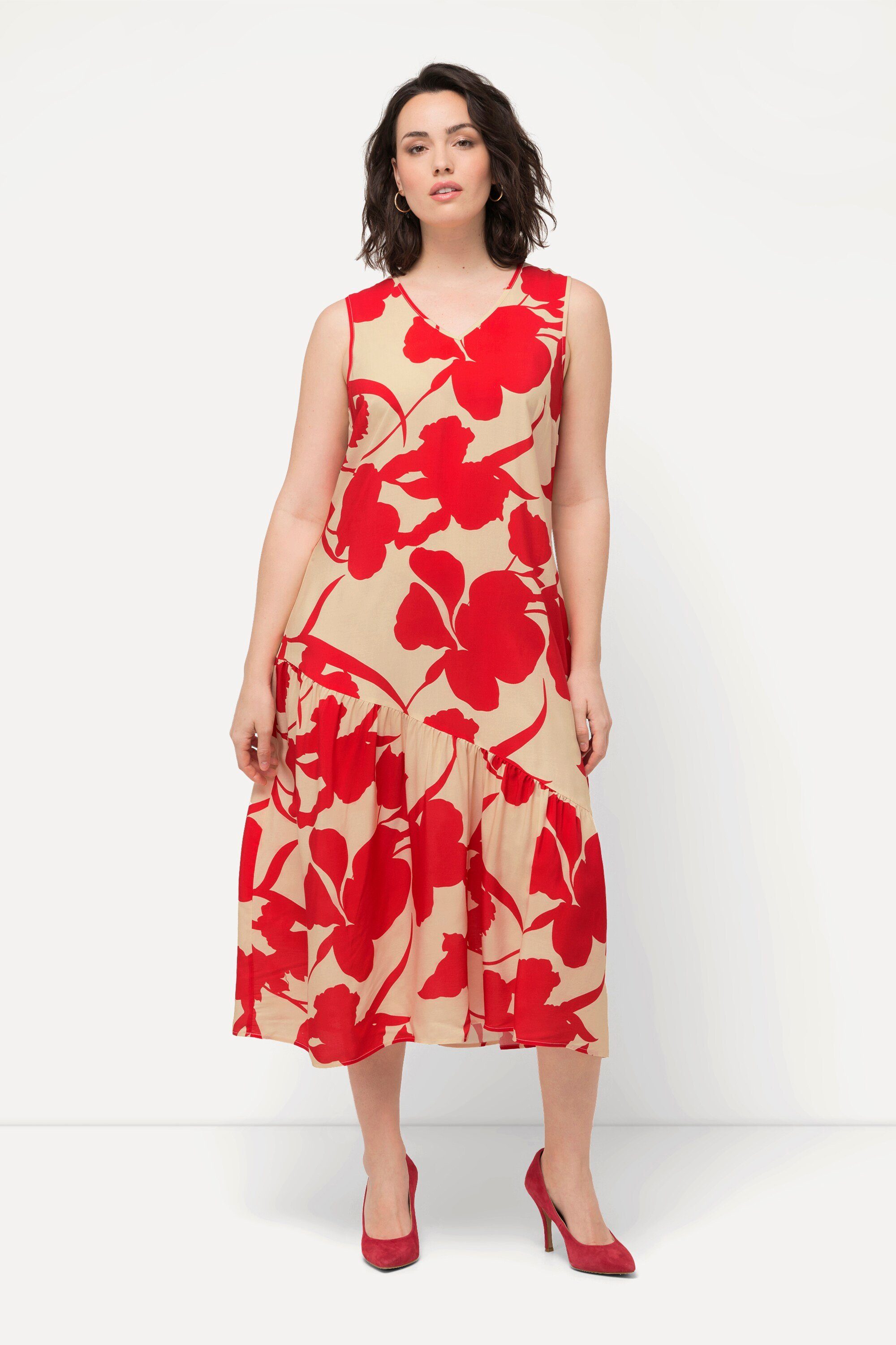 Maxikleid Midikleid Blüten A-Linie V-Ausschnitt ärmellos