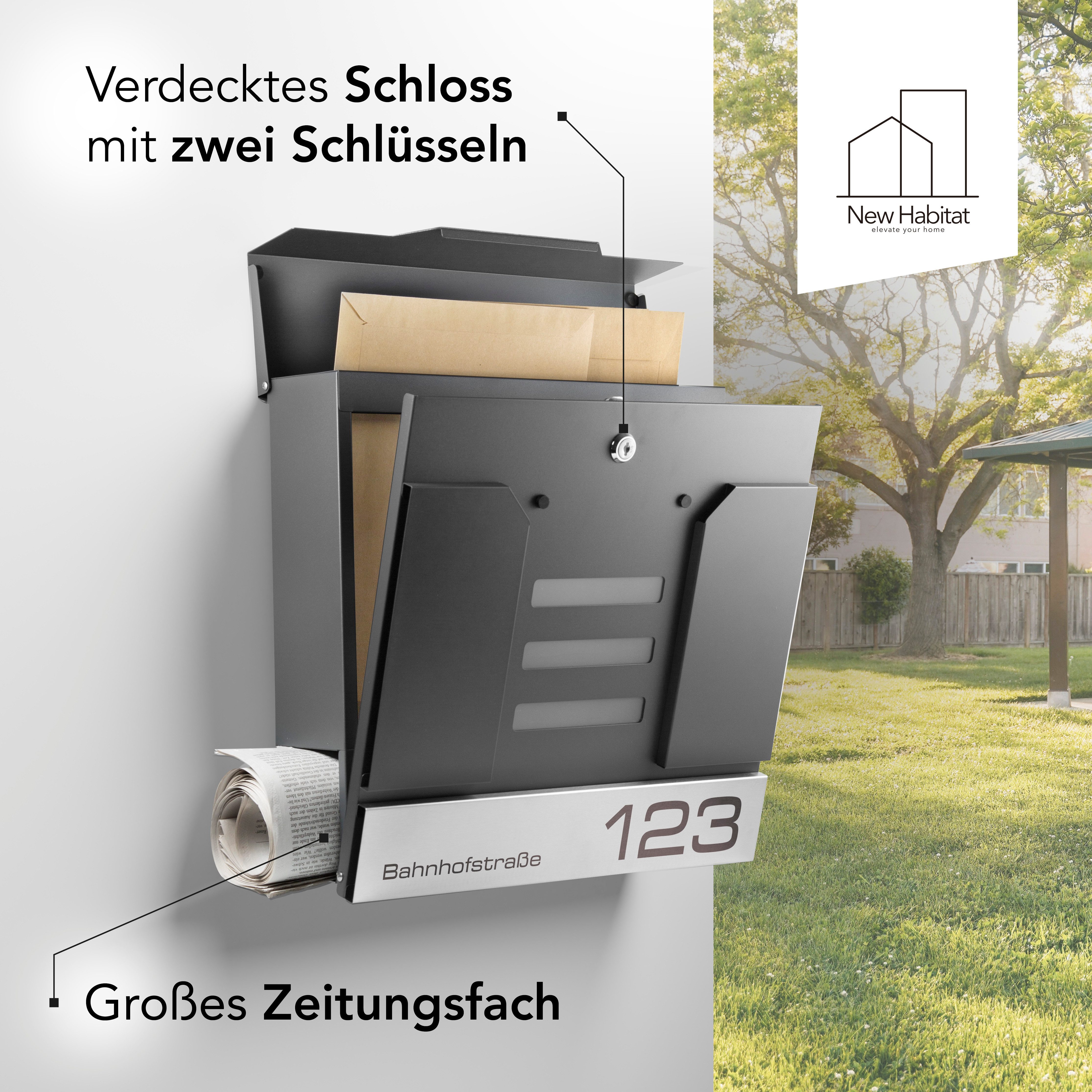 NewHabitat Briefkasten Moderner Wandbriefkasten Personalisierbar Anthrazit RAL7016 (Komplettset, Modell: Mailand), Rostfrei