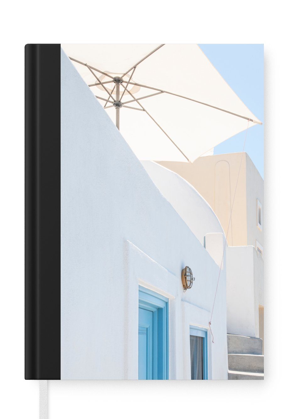 MuchoWow Notizbuch Architektur - Sonnenschirm - Tür - Weiß - Blau, Journal, Merkzettel, Tagebuch, Notizheft, A5, 98 Seiten, Haushaltsbuch