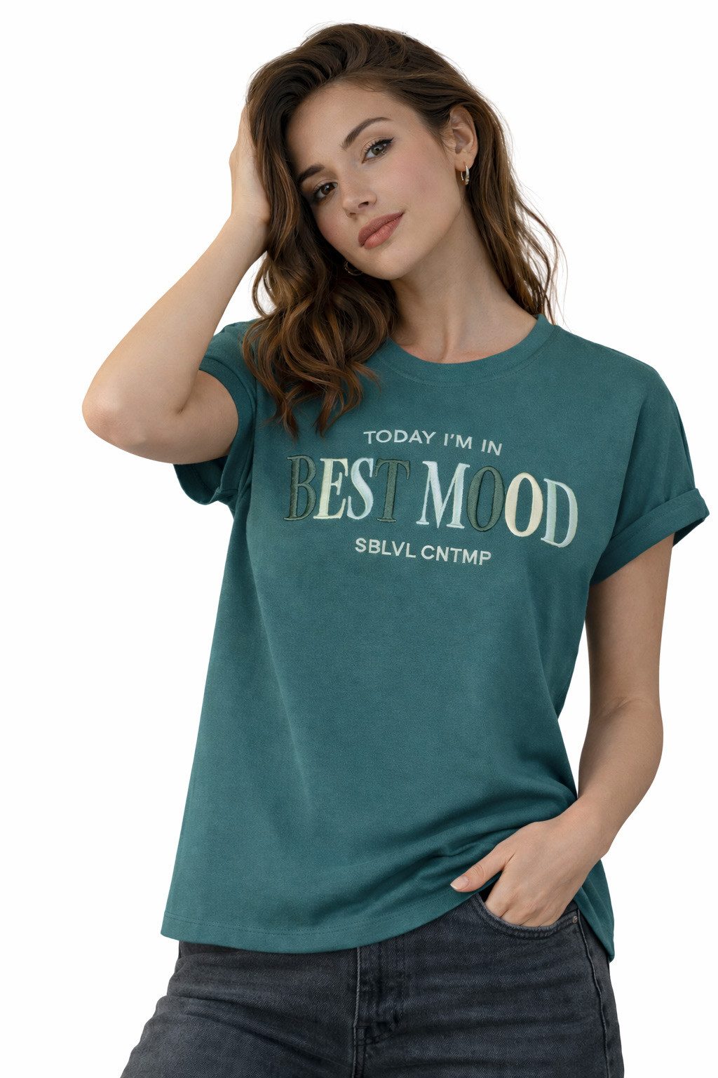 SUBLEVEL T-Shirt Damen Shirt Turn-Up Ärmel Weiches Basic Shirt Rundhals Kur günstig online kaufen