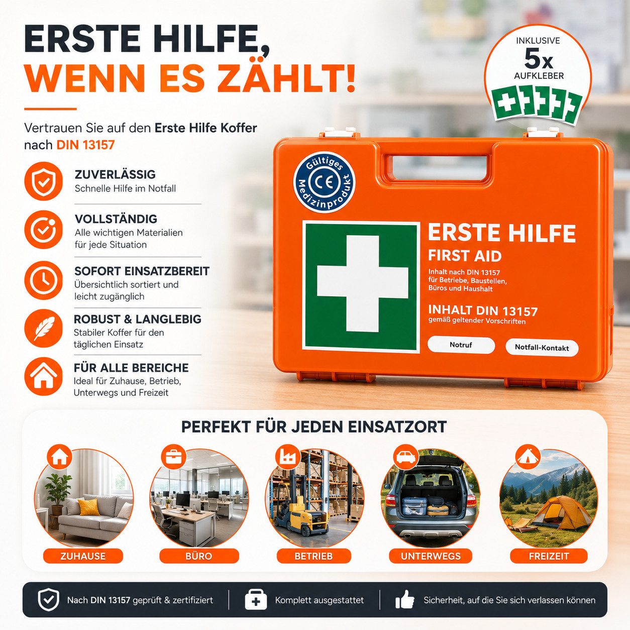 toolmate® Erste-Hilfe-Koffer Erste-Hilfe-Koffer DIN 13157:2021 mit Wandhalterung, orange, (Set), DIN 13157:2021 – Bild 4 von 5