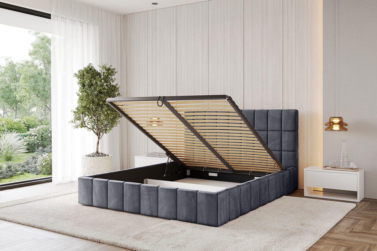 ALTDECOR Polsterbett AMEA (Polsterbett mit Bettkasten und Lattenrost, Boxbett mit Matratze), Doppelbett mit Stauraum, Bett mit Kopfteil