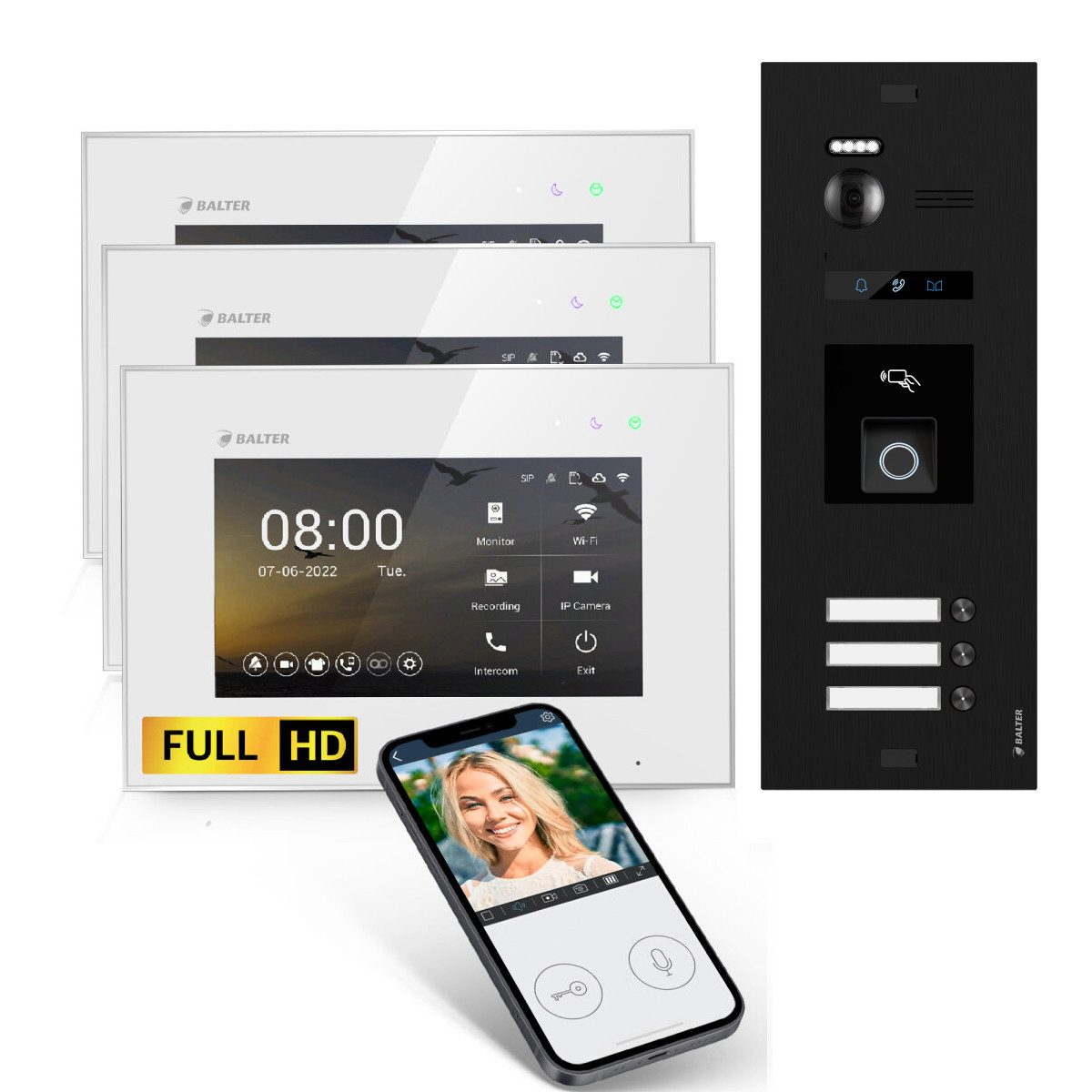 Balter Video-Türsprechanlage BALTER HD WLAN Türsprechanlage FP/RFID EVO 3-Familienhaus Schwarz Weiß (Set, 3-Familienhaus, Komplettset, Full HD 175° Kamera, Fingerprint, RFID)