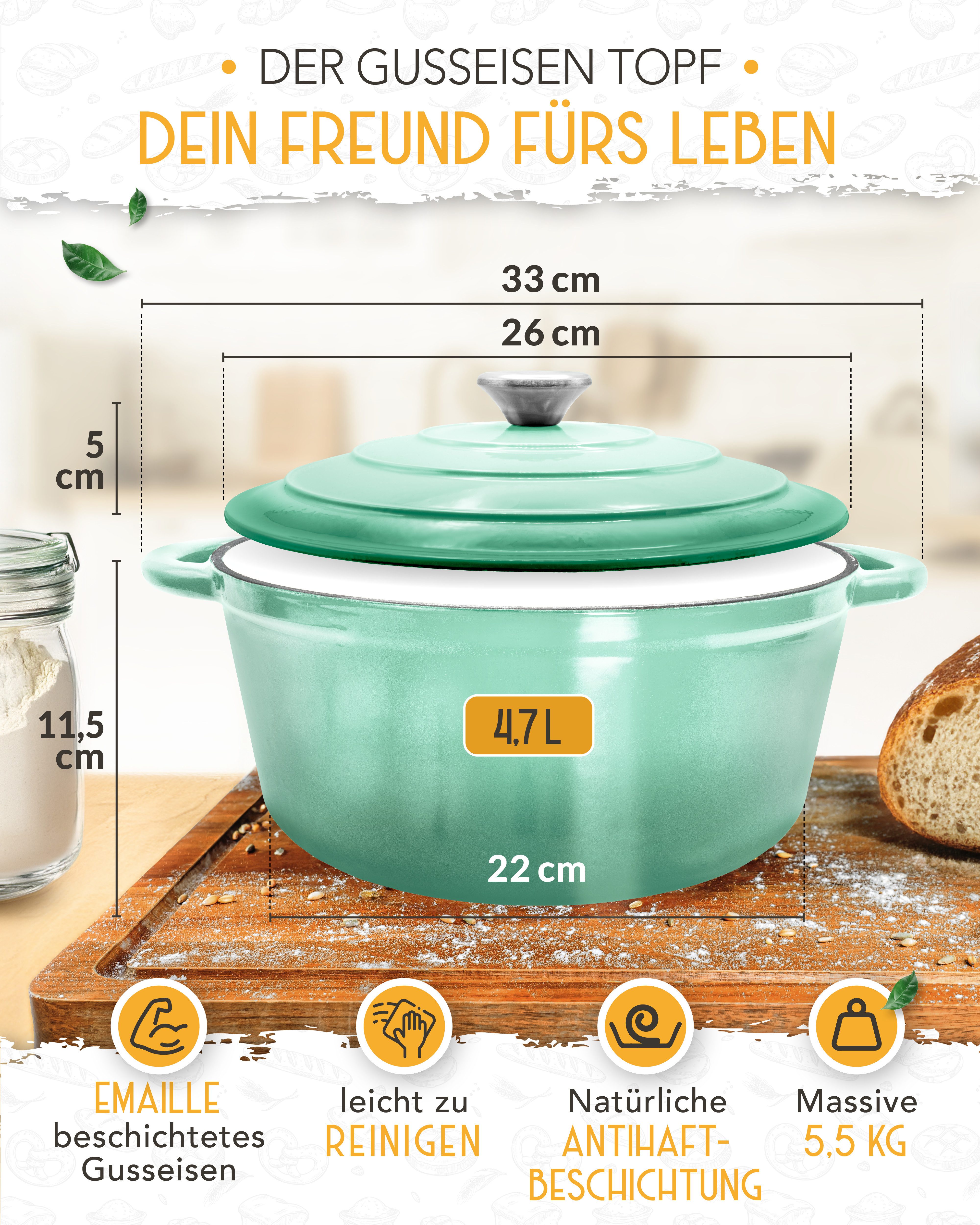 Krustenzauber Kasserolle Gusseisen Topf als Kochtopf, Schmortopf oder Brotbackform – Bild 4 von 5