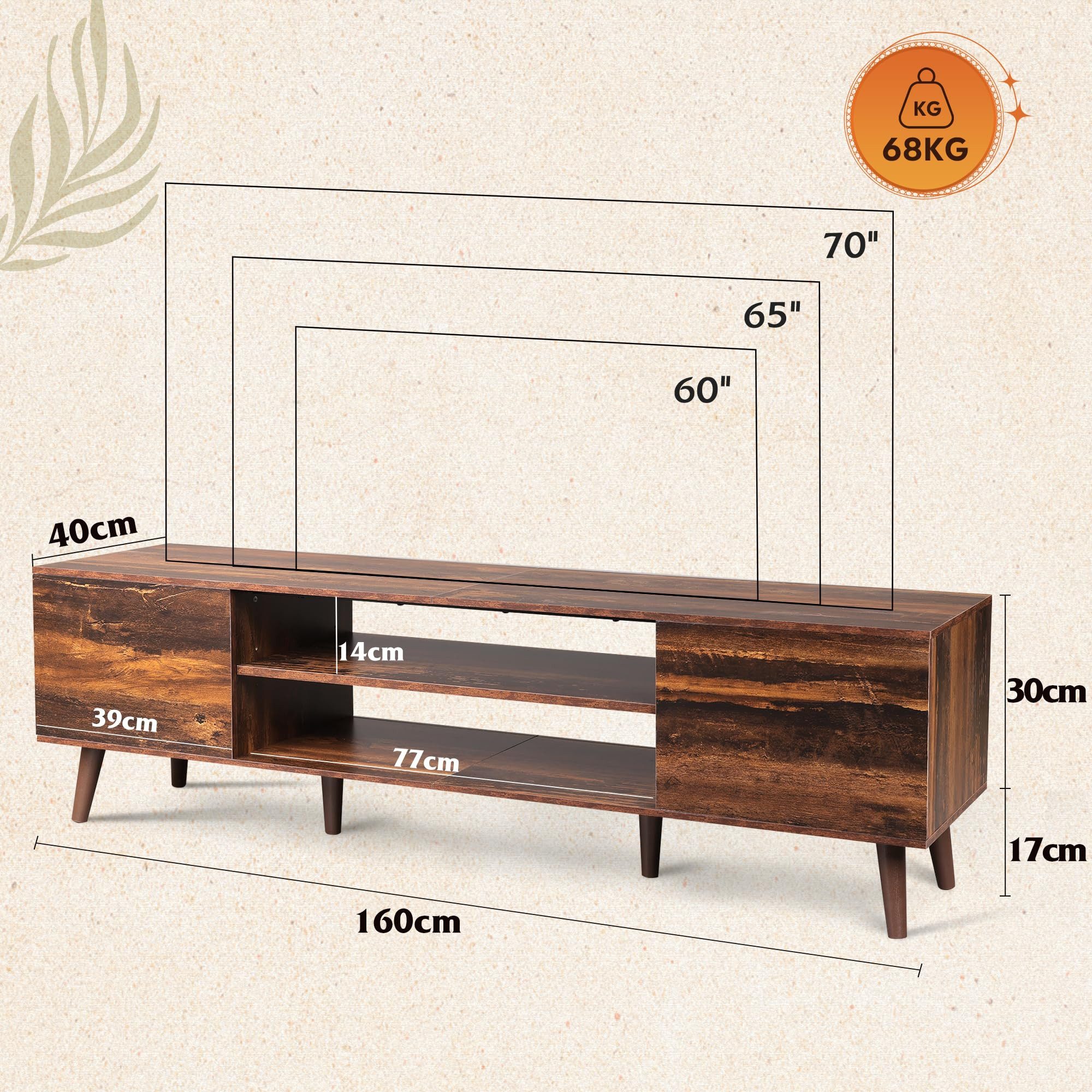WLIVE TV-Schrank Lowboard mit 2 Türen, Fernsehschrank für Fernseher bis zu 55/60 Zoll, (Packung, 160 cm lang) verstellbare Ablagen, für Wohnzimmer, Schlafzimmer