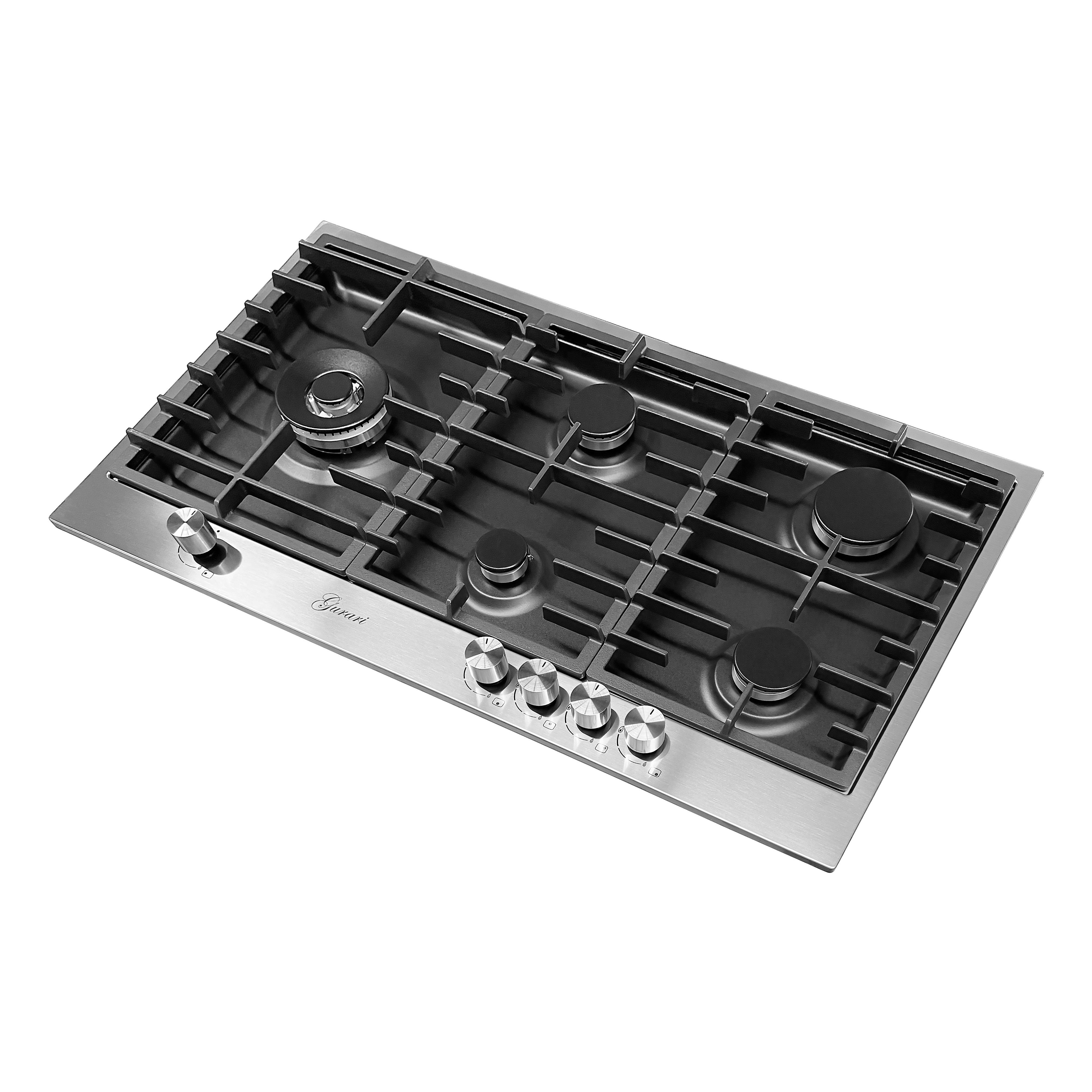GURARI Gas-Kochfeld TY905VPGC 90 cm, Edelstahl- Schwarz Emaliert, 4,0 kW WOK, 5 Gasbrenner,Erdgas, FL.Gas
