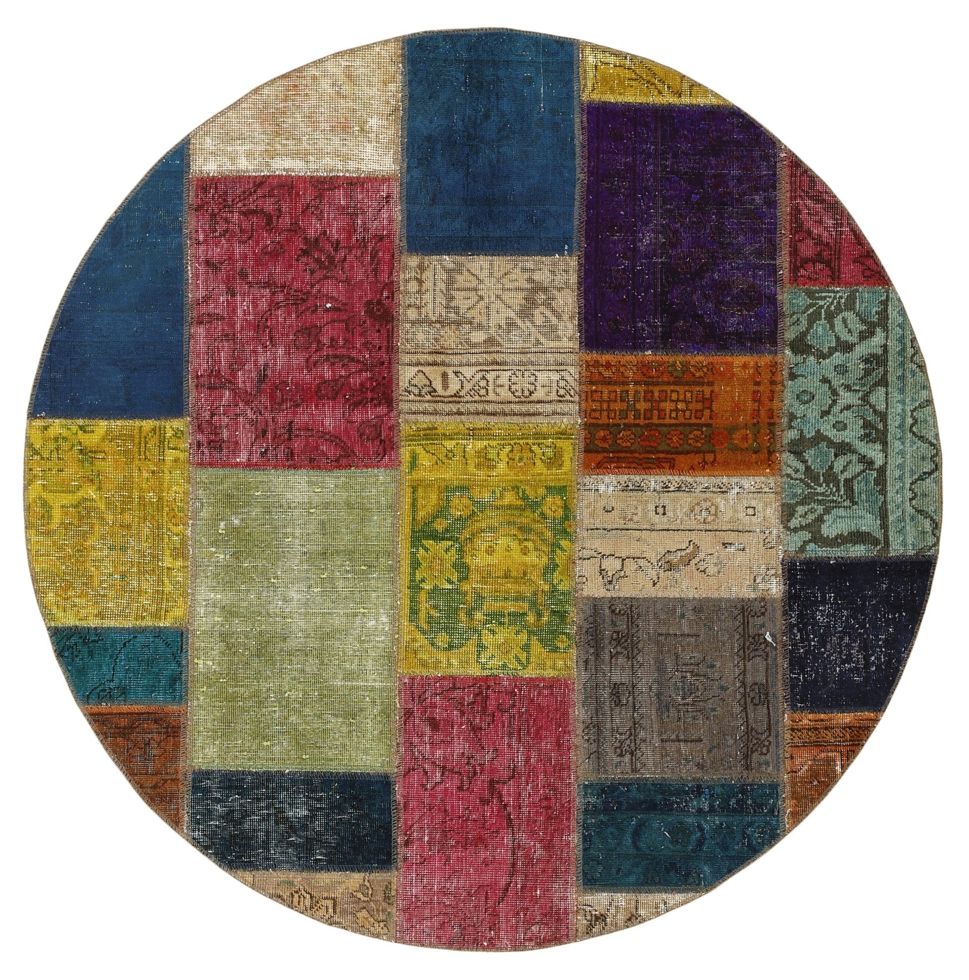 Wohnando Teppich MY-RUG Vintage Patch Work Floral & Ornamentiert 150x150cm, Rund, Höhe: 10 mm, Handgeknüpfter Teppich,Handgesponnene Wolle, mit Naturfarben gegärbt