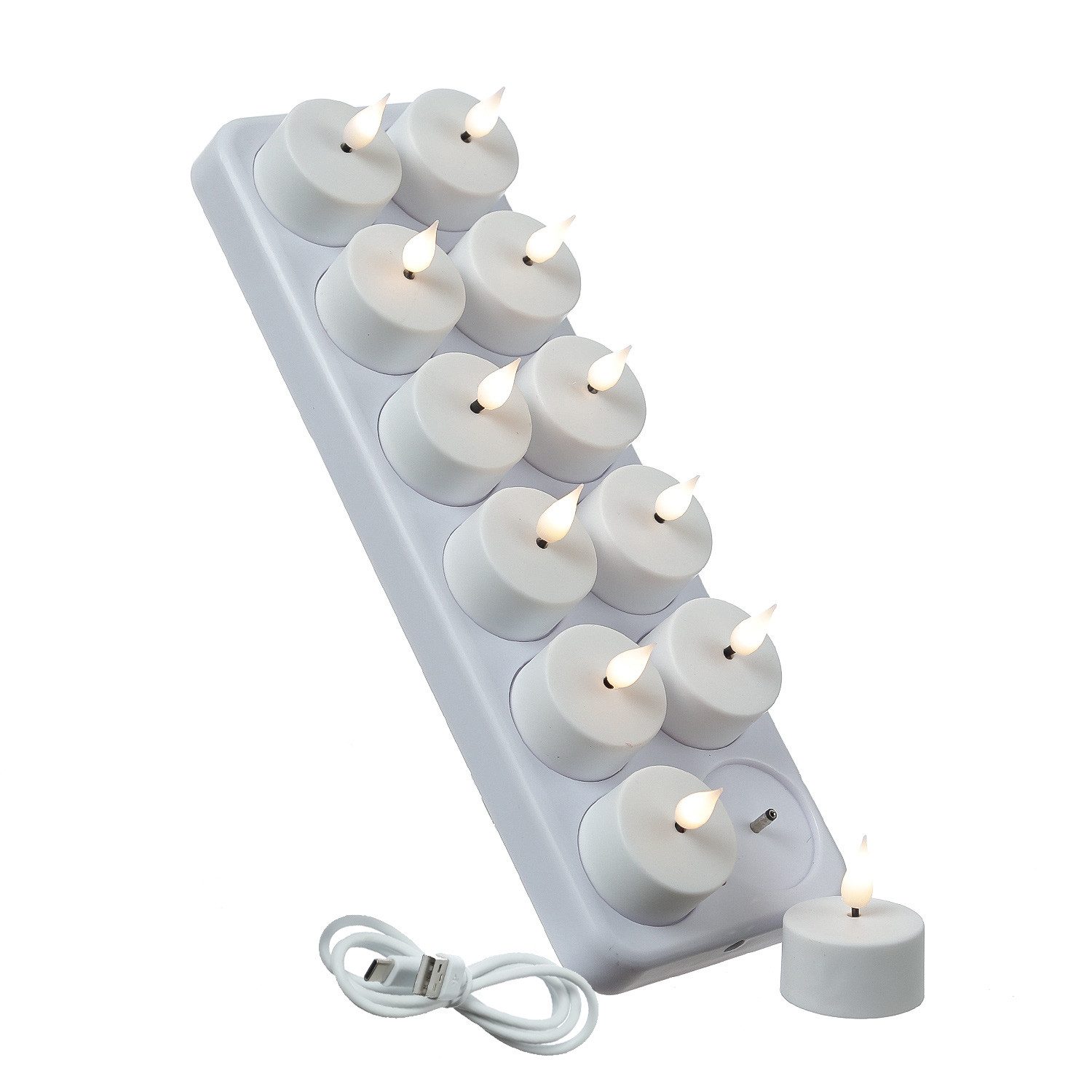 Adilina LED-Teelicht LED Teelichter mit Ladestation wiederaufladbar flackernd 12er Set, LED Classic, warmweiß (2100K bis 3000K)