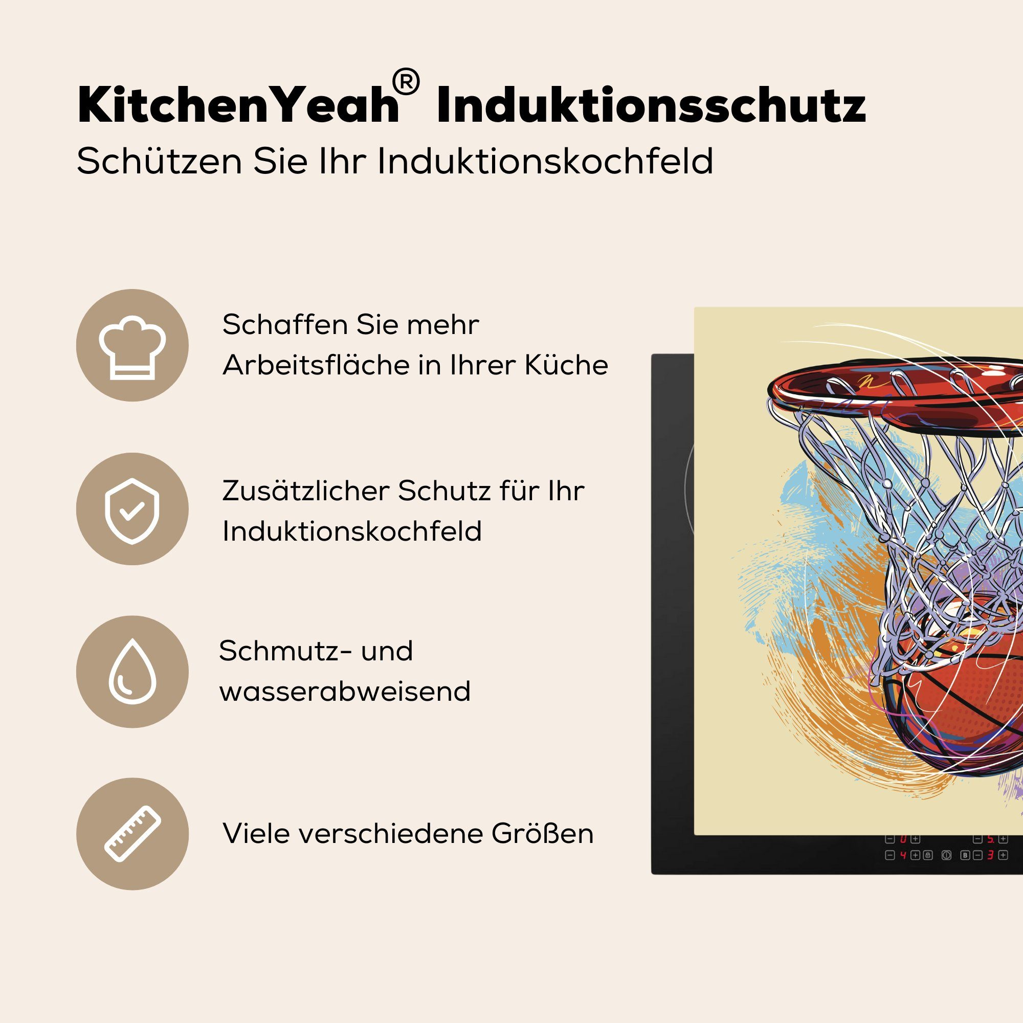cm, für 78x78 Illustration voller Vinyl, Eine Basketballs, mit MuchoWow (1 der eines küche tlg), Arbeitsplatte Ceranfeldabdeckung, Herdblende-/Abdeckplatte Geschwindigkeit,