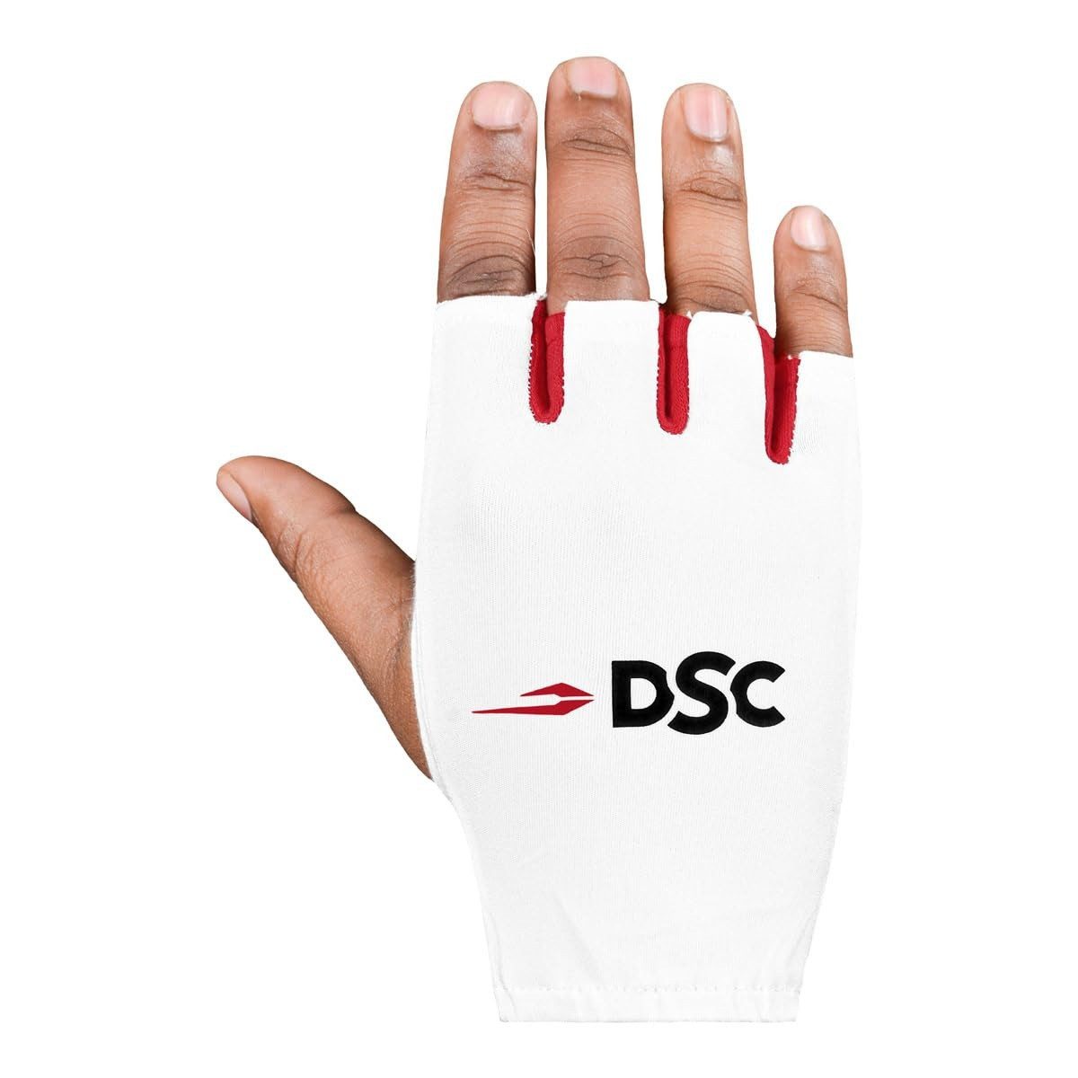 DSC Torwarthandschuhe Fingerlose Cricket-Innenhandschuhe mit Lycra-Rücken, Weiß (Breathable, Box Content: 1 Pair Gloves) Lycra-Rückseite
