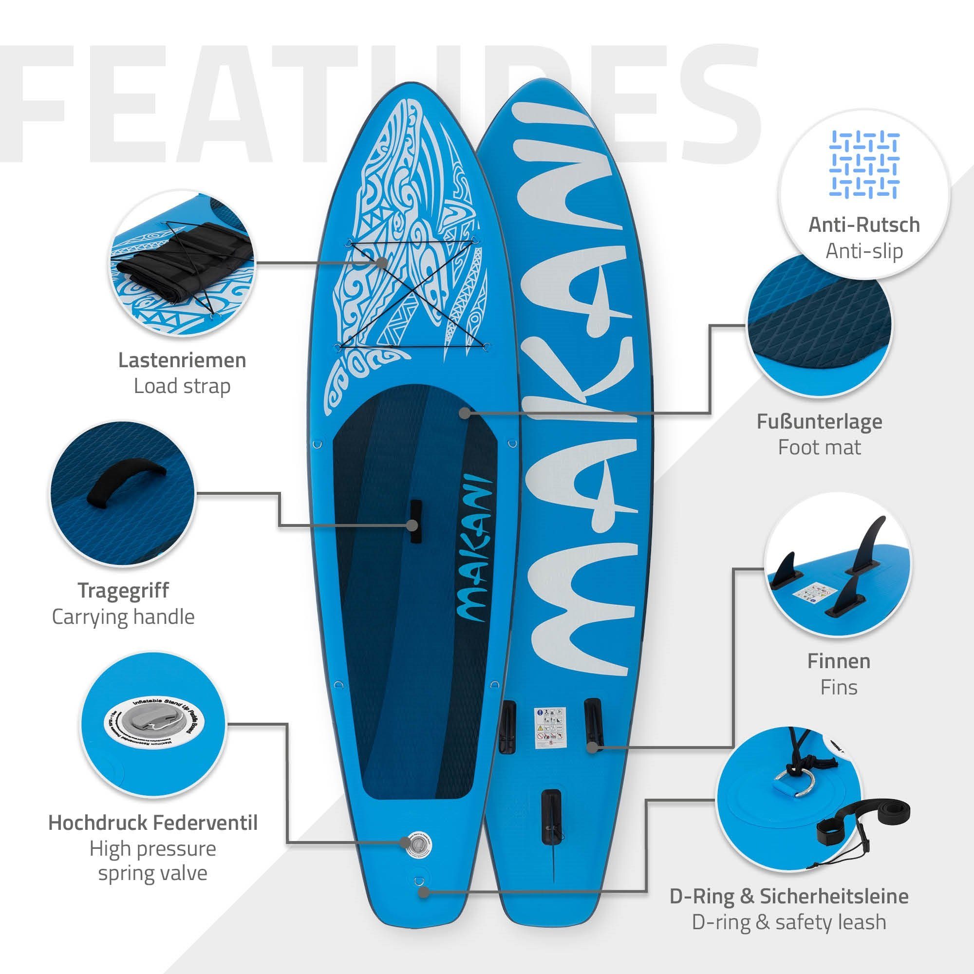 ECD Germany SUP-Board Up Tragetasche PVC 320x82x15cm Zubehör Makani bis kg Pumpe Aufblasbares Blau Board Stand Paddle 150 Surfboard