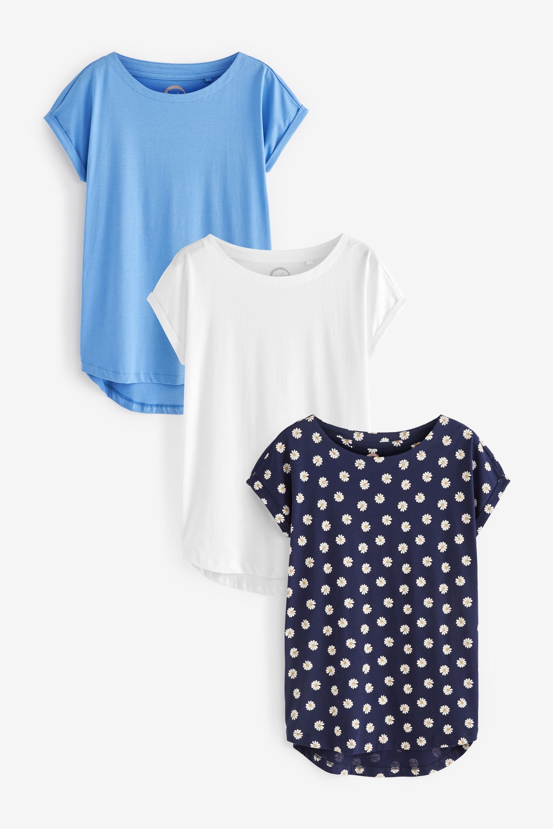 Next T-Shirt (3-tlg) 3er-Pack Daisy T-Shirts Flügelärmeln, mit Print/Blue/White