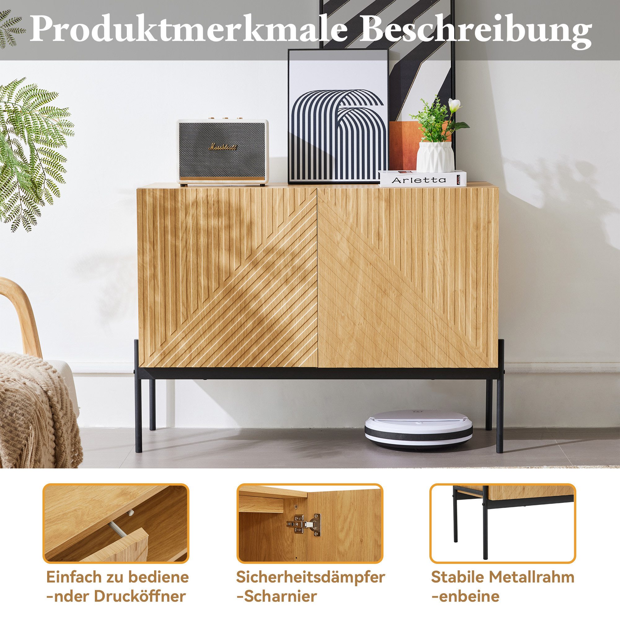 Flieks Sideboard mit 2 Türen und Metallbeinen (1 St., H75/B100/ T40 cm), Kommode Linien-Design Wohnzimmerschrank Holzoptik – Bild 5 von 5