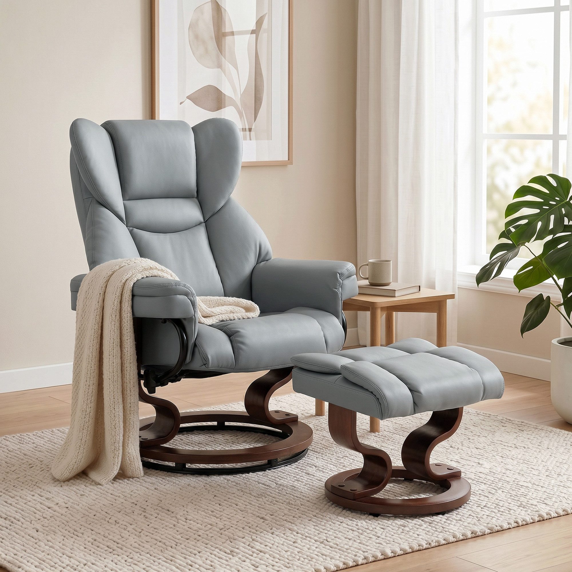 MODFU Relaxsessel Moderner Drehsessel Hellgrau mit Holzfuß und Fußablage (Komfortabler Sitzplatz mit Schaumstoff für Wohnbereiche, 2-St., Relaxsessel mit Hocker), Loungestuhl mit hoher Rückenlehne und weicher Polsterung