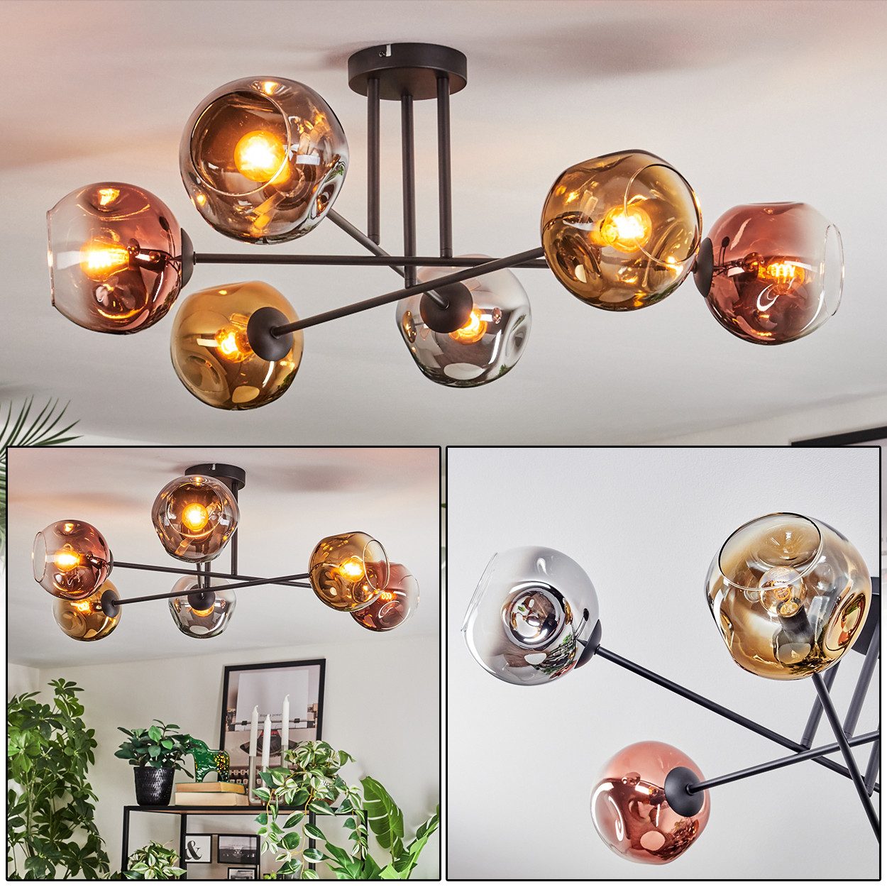 hofstein Deckenleuchte Deckenlampe aus Metall/Glas in Schwarz/Chrom/Rauch/Kupfer/Gold/Klar, Deckenleuchte im Retro/Vintage-Design (Schirme Ø 15 cm), 6 x E14