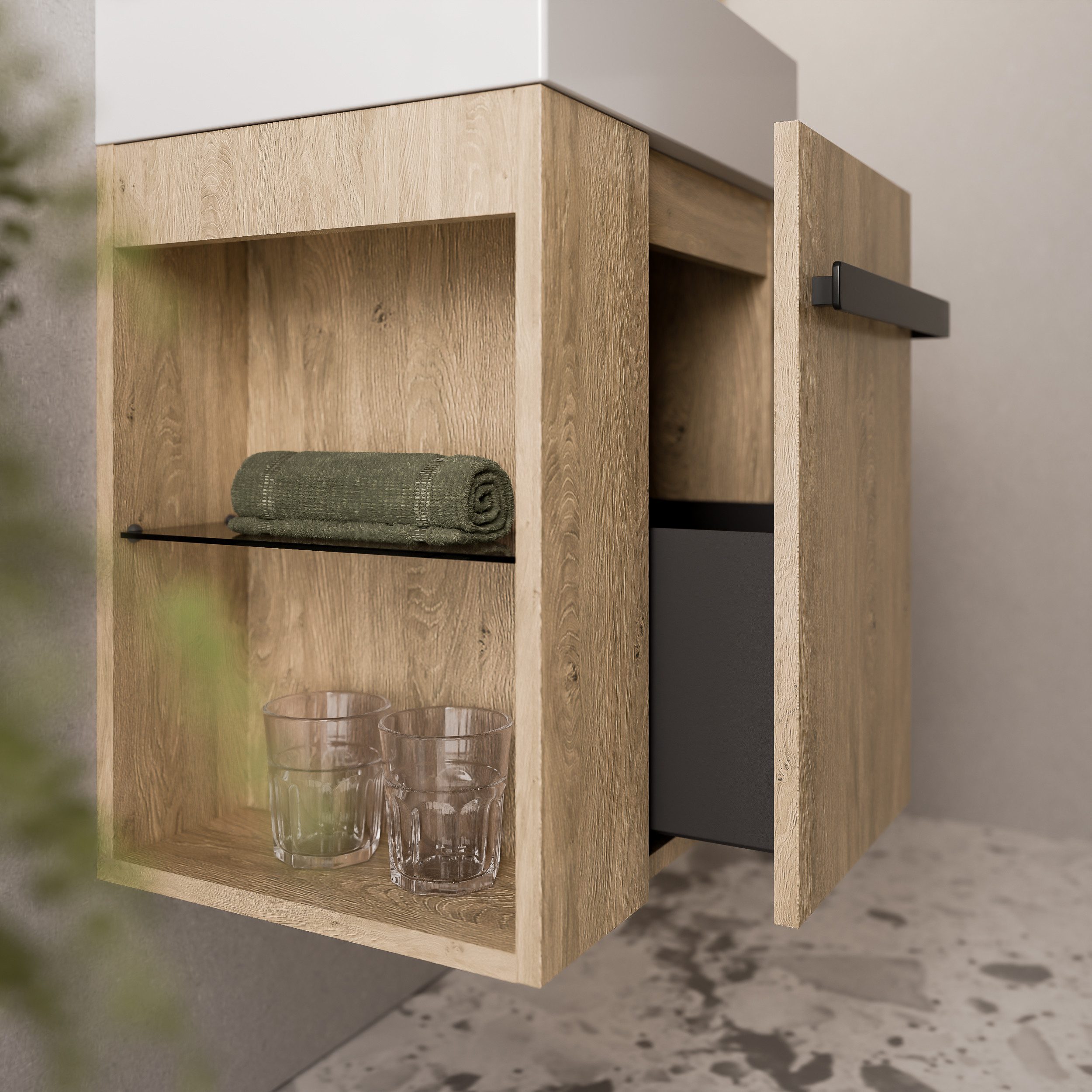 Bernstein Waschbeckenunterschrank COMPACT 450 Eiche honiggold REGAL links GRIFF Schwarz matt Waschtischunterschrank mit Waschbecken 1 Schublade & Regal