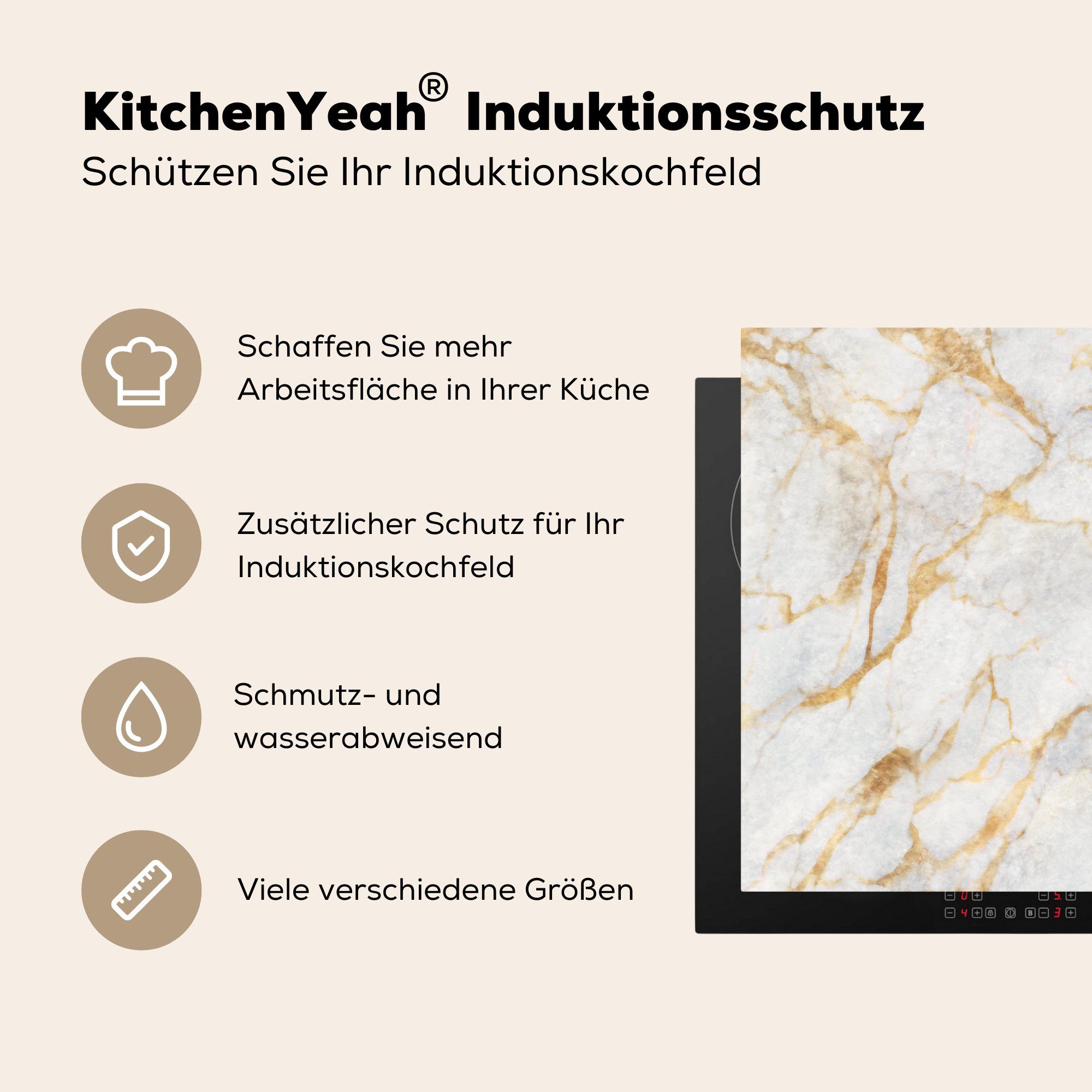 küche, (1 Weiß 81x52 Marmor - MuchoWow Gold - Vinyl, Ceranfeldabdeckung Abstrakt, cm, die Schutz - Herdblende-/Abdeckplatte für tlg), Induktionskochfeld