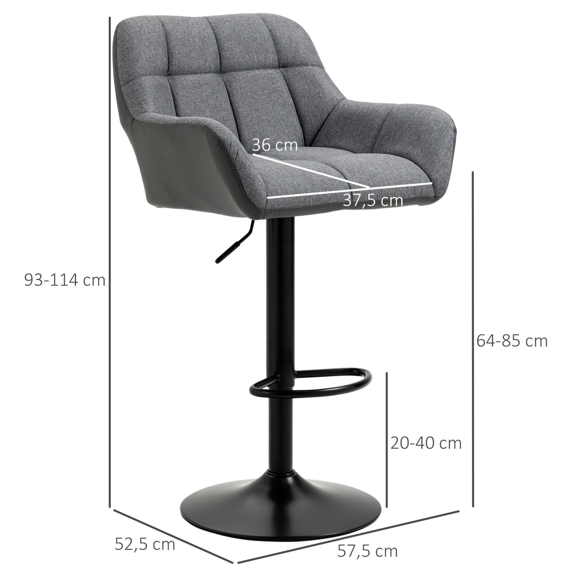 HOMCOM Barhocker Höhenverstellbar Küchenstühle mit Kunstleder, Lehne und Fußstütze (Bistrohocker, 2 St., Barstuhl), Grau 57,5 x 52,5 x 93-114 cm – Bild 3 von 5