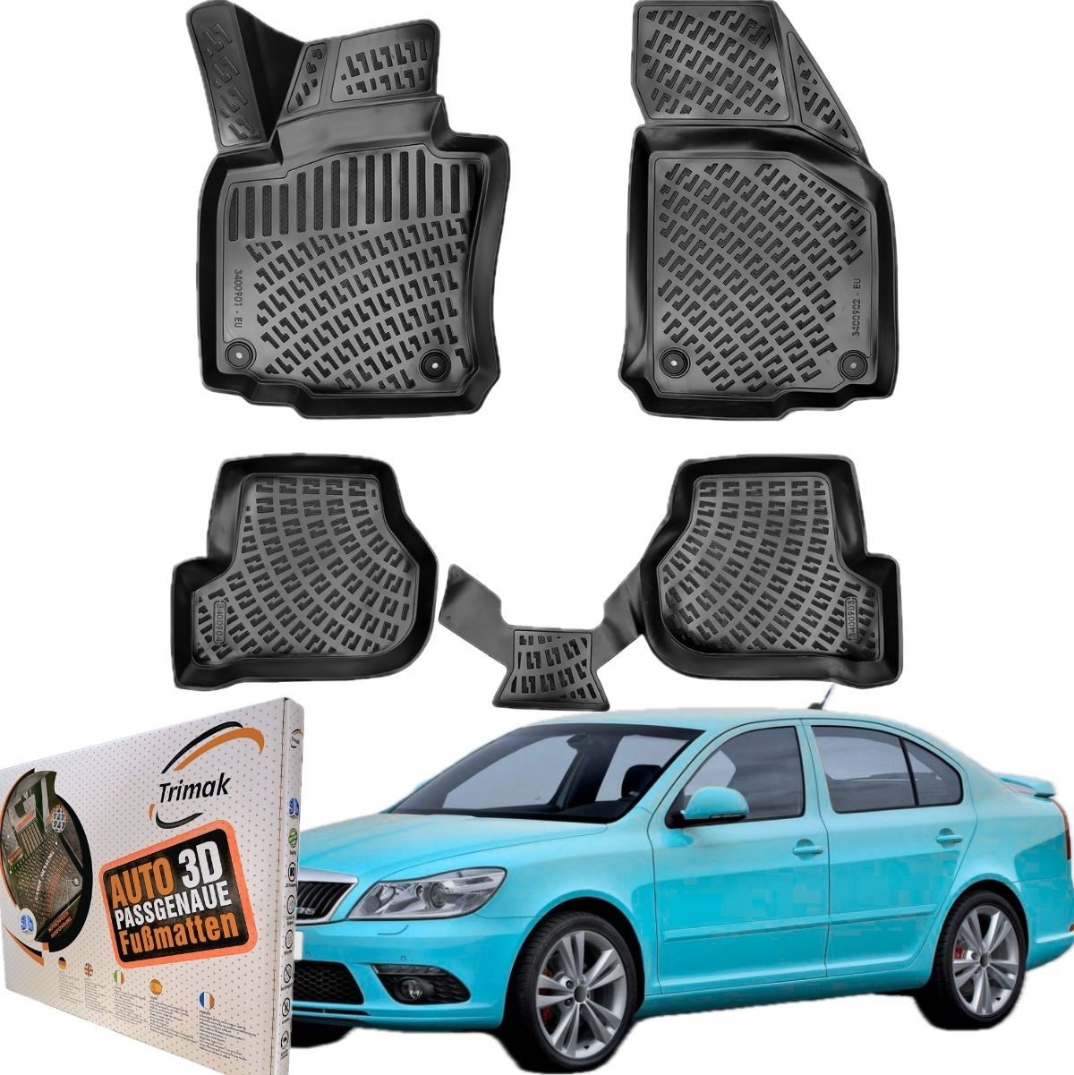 Trimak Passform-Fußmatten Oder Kofferraumwanne Oder Set für Skoda Octavia, Skoda Octavia 2. Gen. Limousine & Combi 2004–2013 Gummimatten Auto TPE