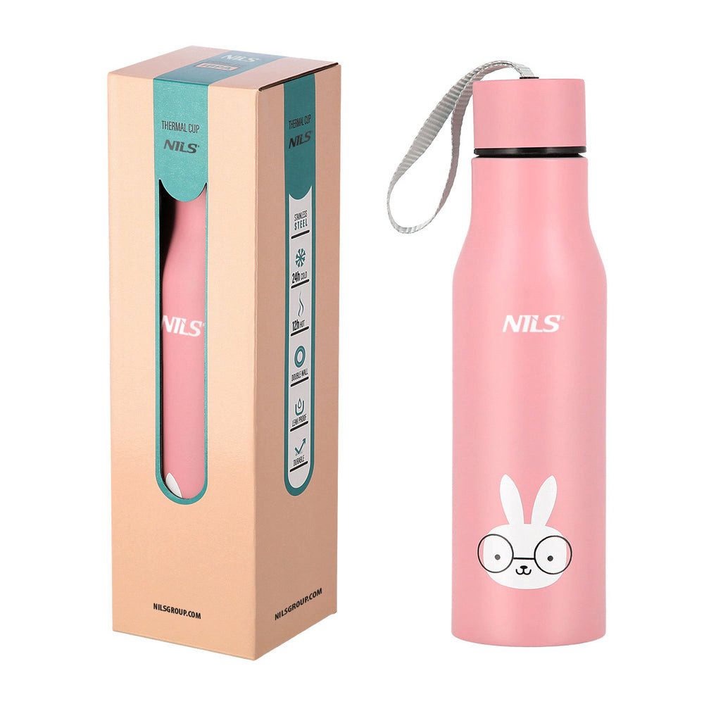 Nils Thermobecher Kinderflasche Isolierflasche Trinkflasche, 1-tlg., Edelstahl, doppelwandig, dicht, Trageschlaufe, Tiermotiv