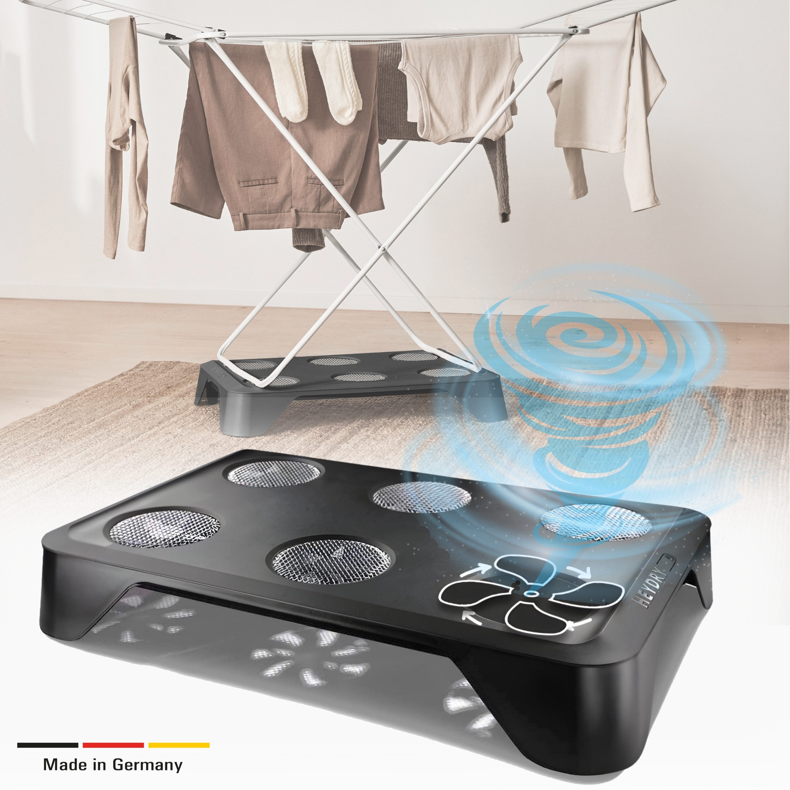 HEYDRY Elektrischer Wäschetrockner HEYDRY Lüfter für Рама для сушки белья, schnell & energiesparend trocknen, Made in Germany, mobiler Ventilator
