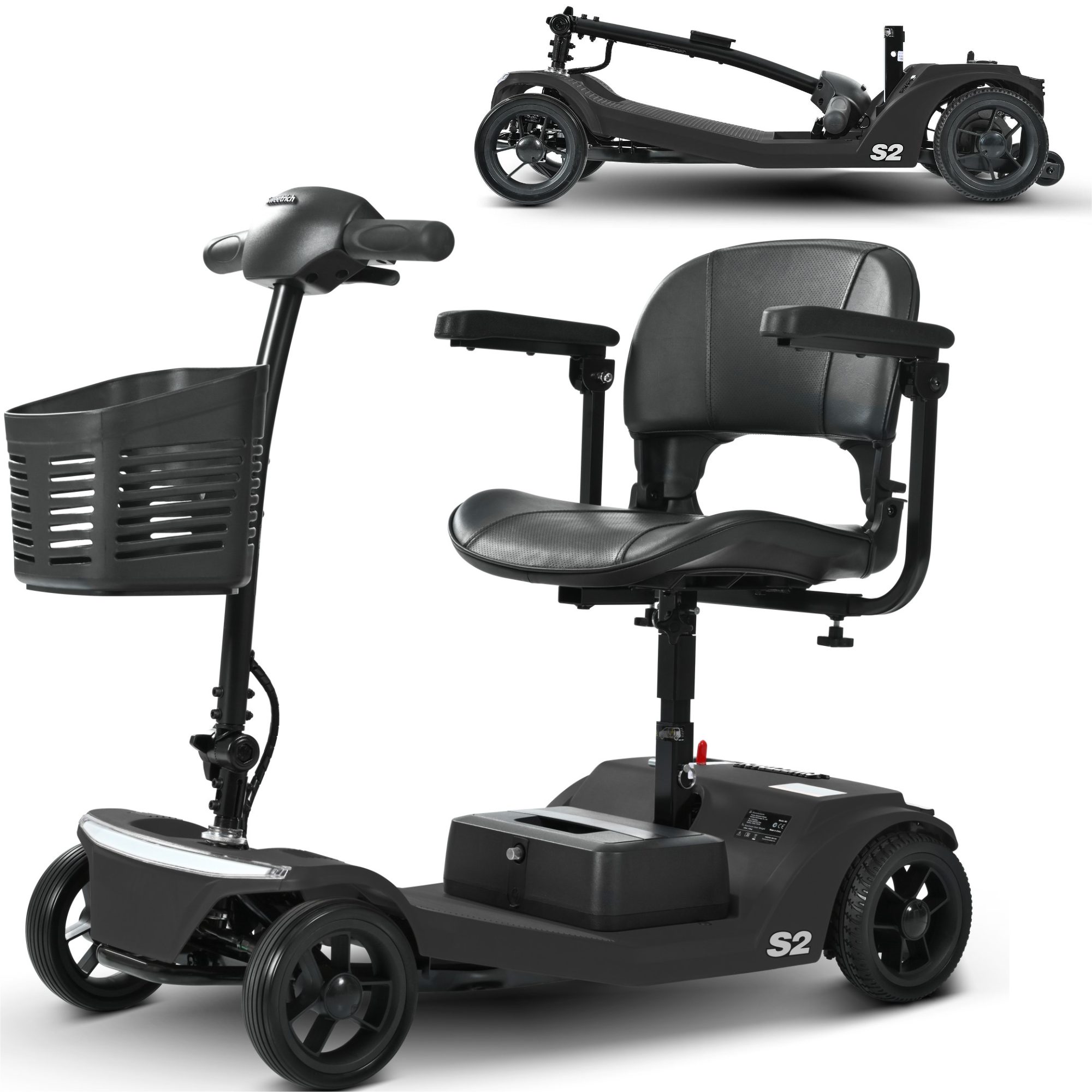 LVHOM Elektromobil faltbarer 4-Rad-Scooter, 16-32 km, 12Ah, 250W, 136 kg Tragkraft, (Vorderer Aufbewahrungskorb + Atmungsaktiver Höhenverstellbarer Sitz + verstellbarer Lenker + XXL-Fußraum), Gesamtgewicht: 37kg