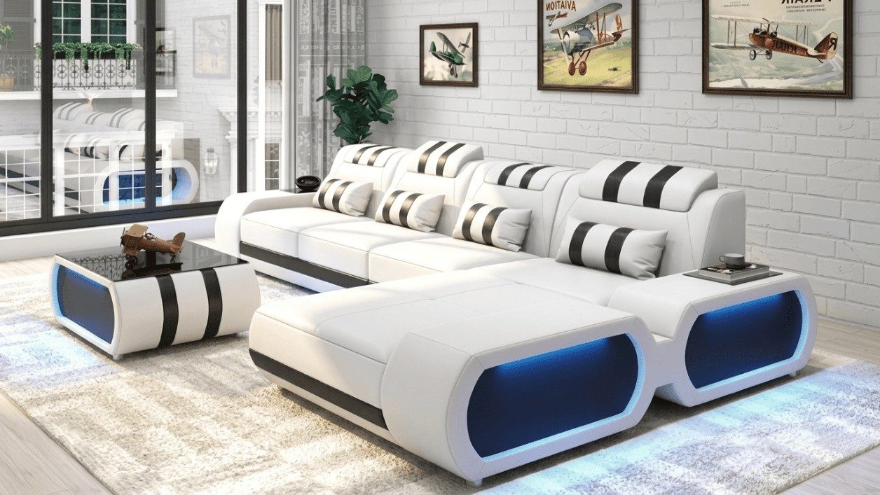 Xlmoebel Wohnlandschaft Weißes L-förmiges Ecksofa mit Couchtisch und LED-Beleuchtung, 2 Teile, Made in Europa