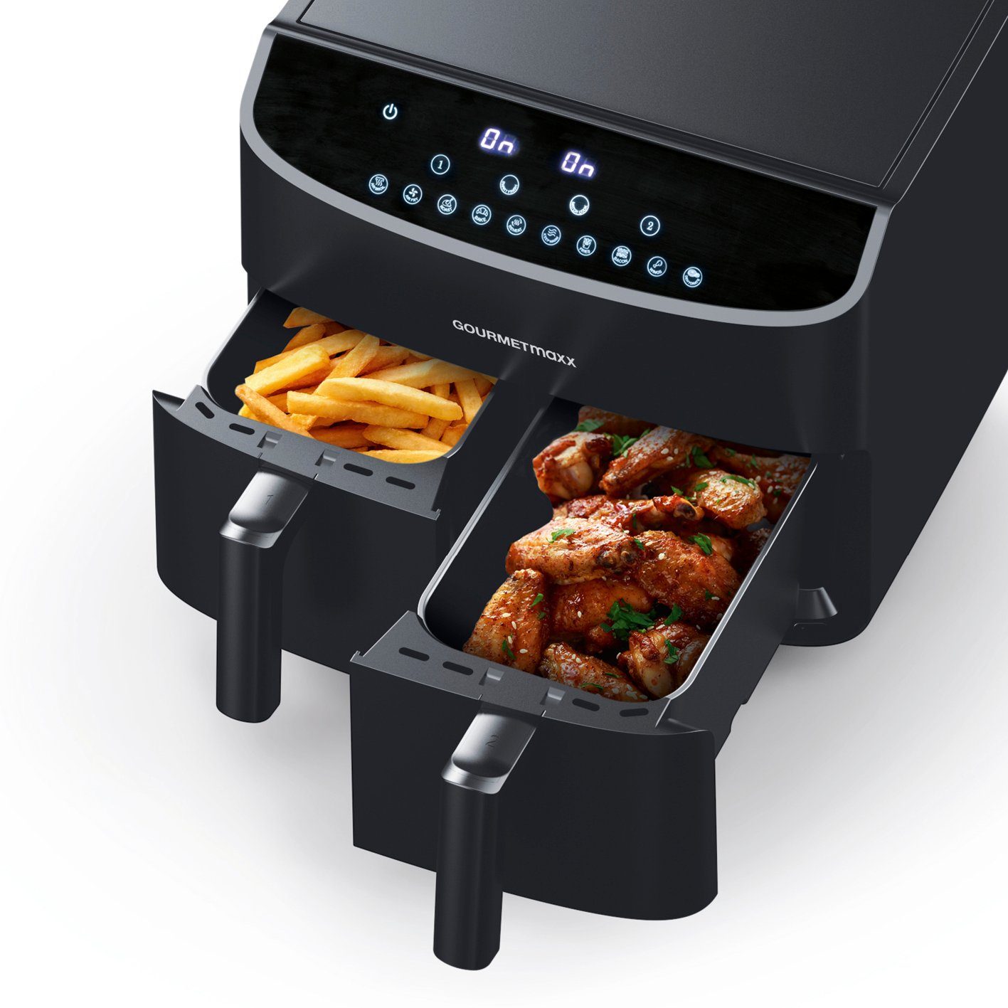 Fritteuse W, Moderne Kombination Heißluftofen, 2 Doppelkorb, Grill Heißluftfritteuse Touchdisplay aus 3,5L 2400,00 mit Doppelkammer x GOURMETmaxx und – 7L,