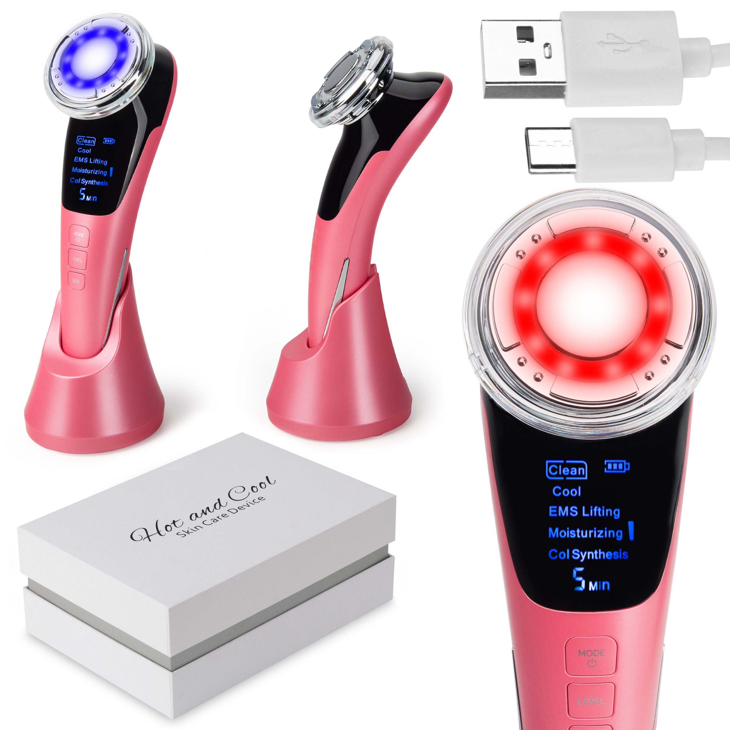 COIL Gesichtsmassagegerät Kosmetikgerät, EMS Lifting, Faltenreduzierung, LED-Lichttherapie, Erwärmung und Kühlung, Ionisation