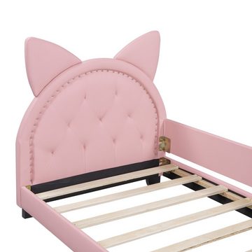 Merax Polsterbett mit Katzenkopf-Kopfteil und Lattenrost, Einzelbett 90x200cm, Funtonbett, Kinderbett