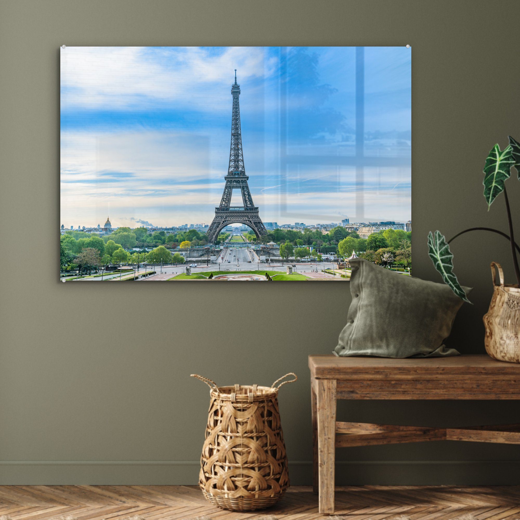 Wohnzimmer unter Himmel, St), Eiffelturm Acrylglasbilder Acrylglasbild (1 Schlafzimmer MuchoWow & blauem
