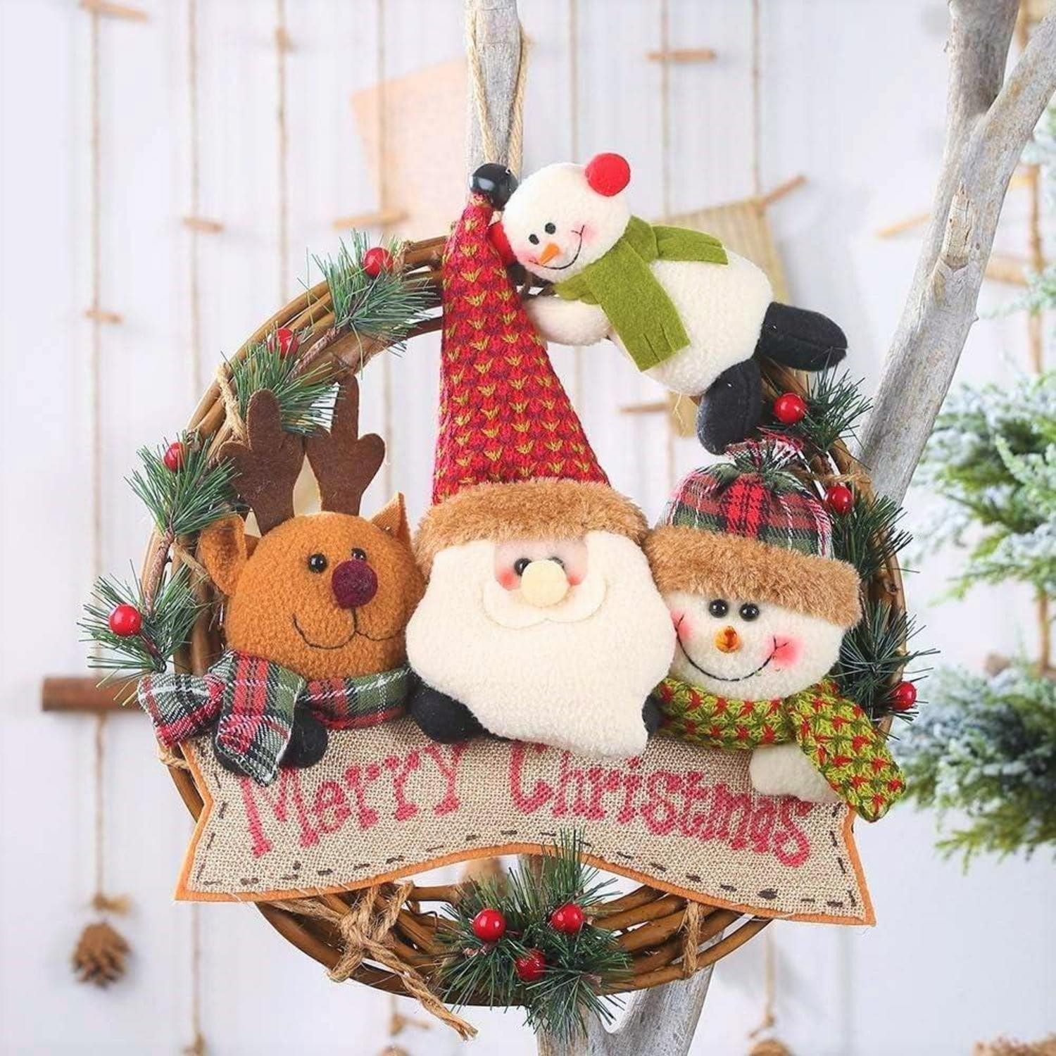 Hängedekoration Weihnachts Puppenkranz 30CM Künstlicher Rattan Adventskranz Elch Santa
