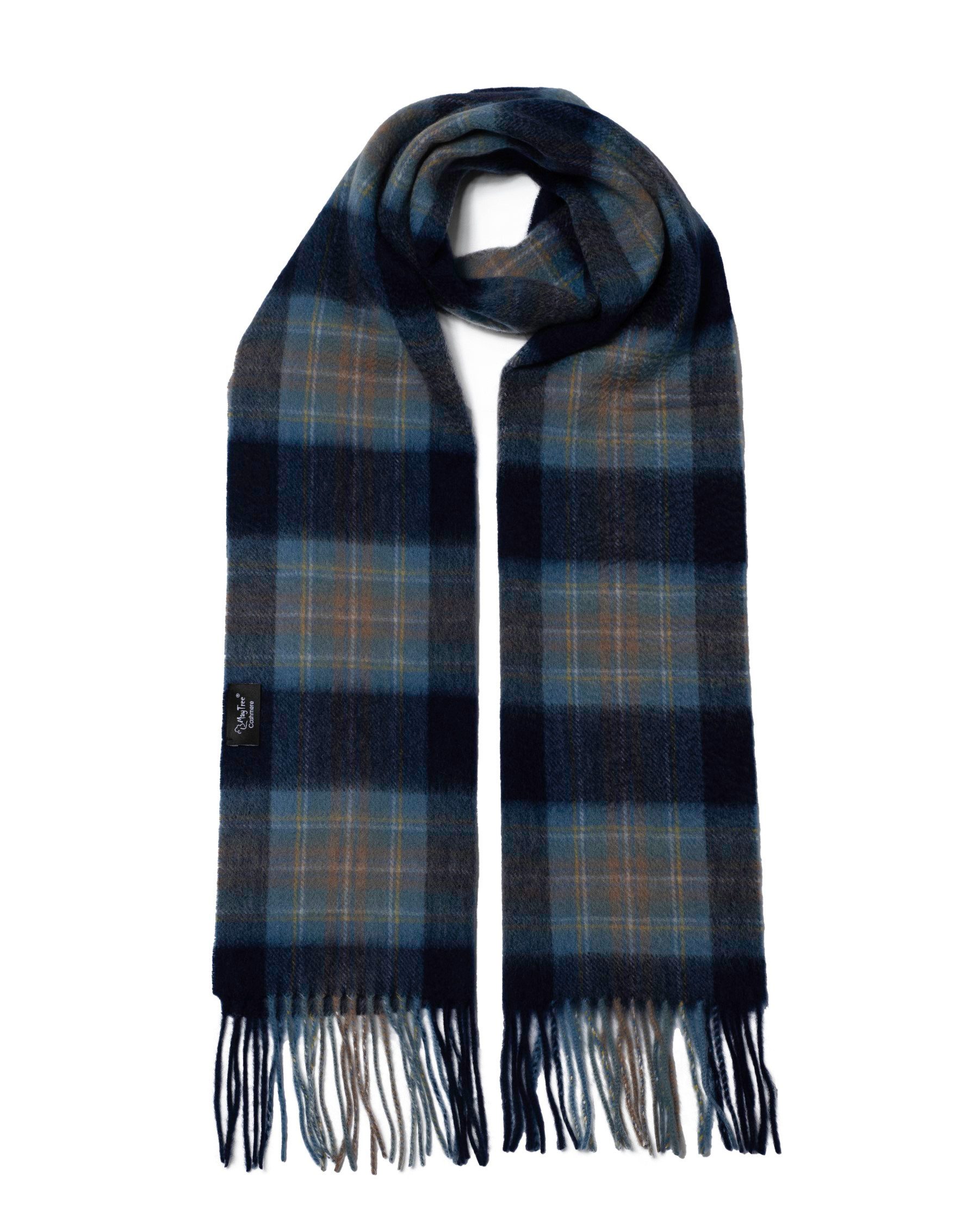 MayTree Kaschmirschal Unisex, 180 x 30cm, mit Fransen, feinkariert Tartan blau grau, (Stück, 1-St), 100% Kaschmir