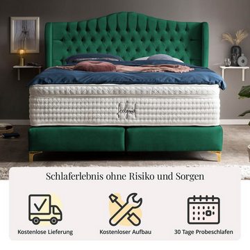 BettCo Boxspringbett Maison (140 x 200 cm, in Smaragd Samt), Chesterfield Design mit Ohren + optionaler Topper, Füße Gold-Optik