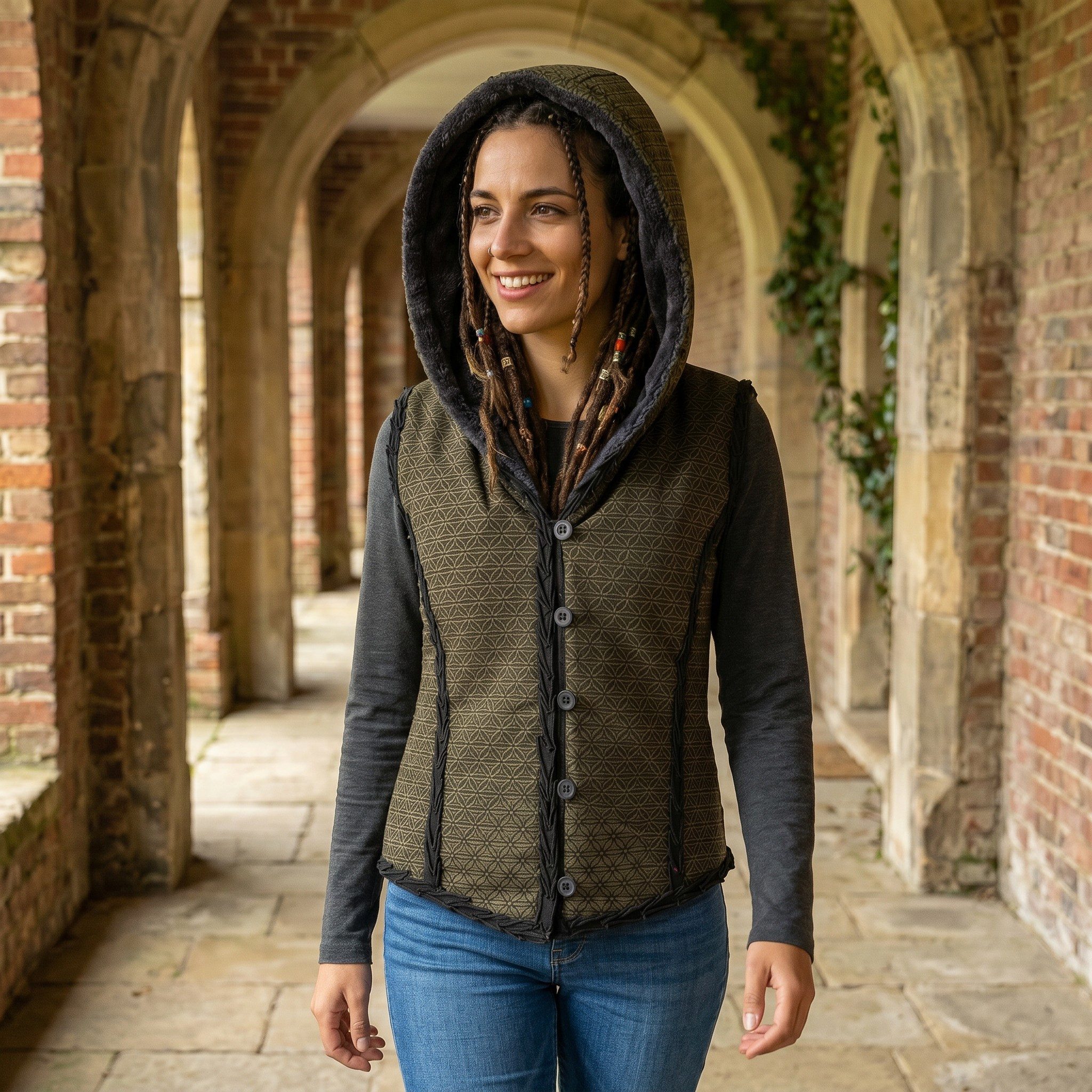 Guru-Shop Langjacke Kurze Goa Weste mit weiter, flauschiger Kapuze.. alternative Bekleidung