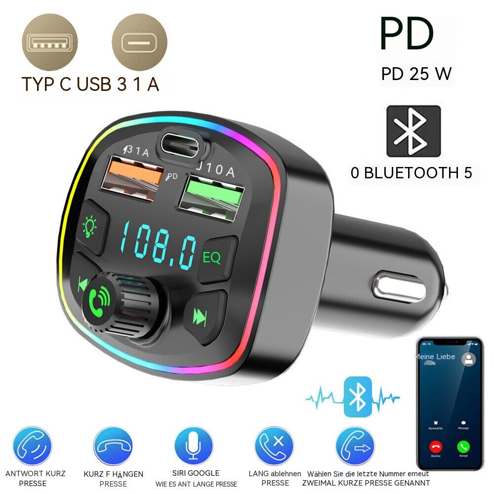 Hikity Zigarettenanzünder-Verteiler FM Transmitter Auto Bluetooth Autoradio Adapter PD+ Dual USB Ladegerät, FM-Transmitter Auto Bluetooth